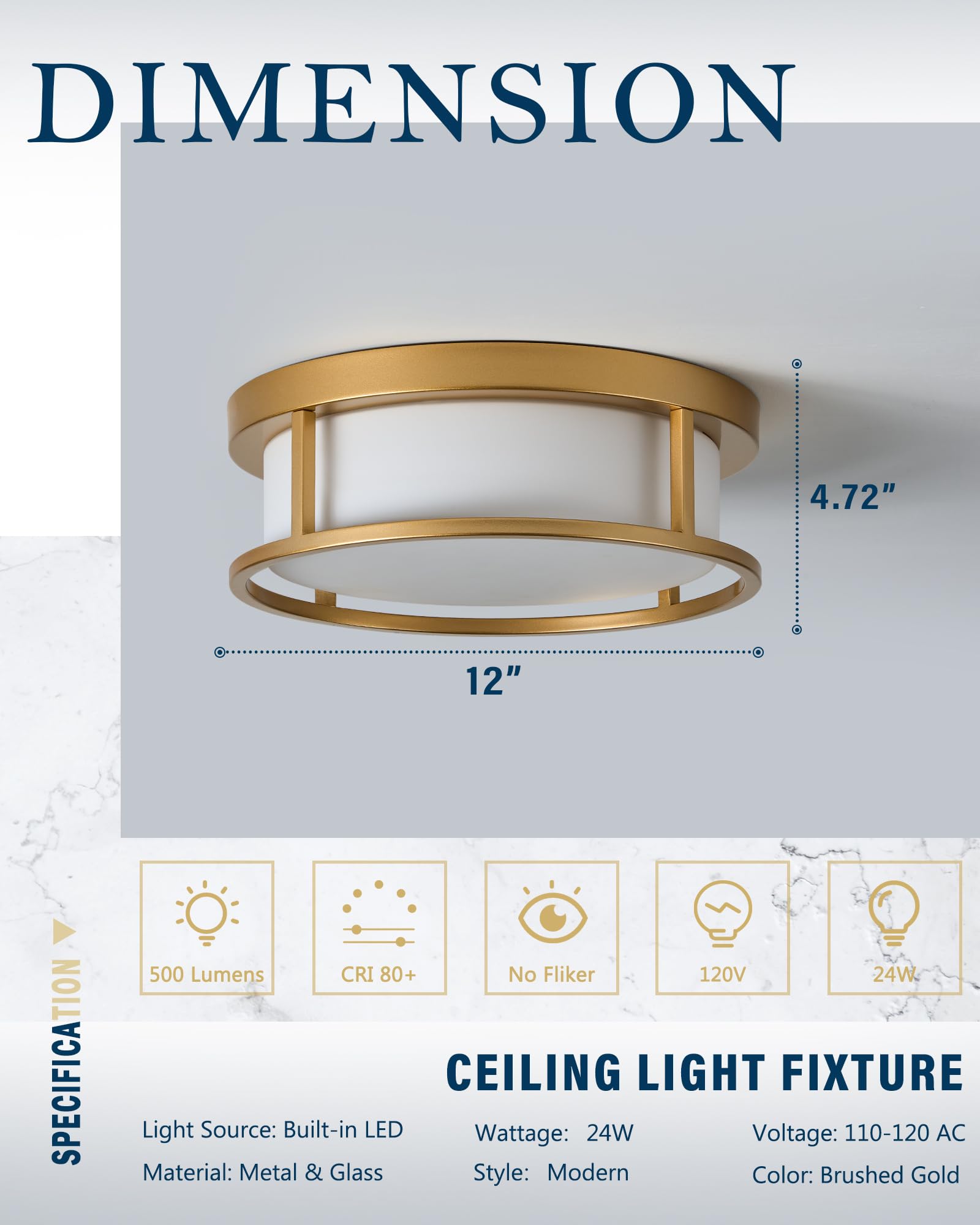 Hanass 12&quot; Flush Mount Ceiling Light, 24W Led, 1900 Lumen, Gold Frosted Glass, 5