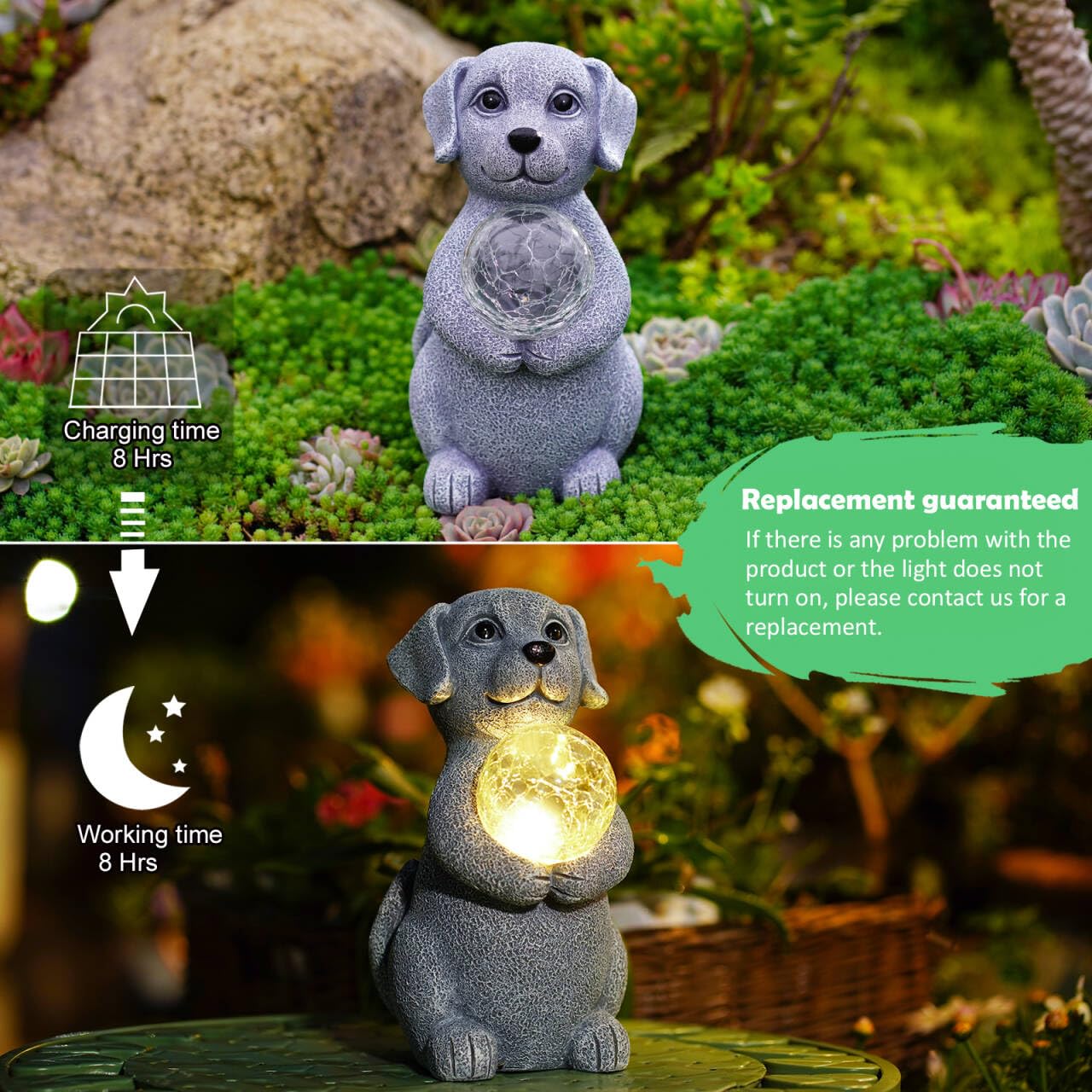 Tiejiajiang Solar Dog Statue - 8.4&quot; Gray Decor With Led Gazing Ball For Garden & Lawn