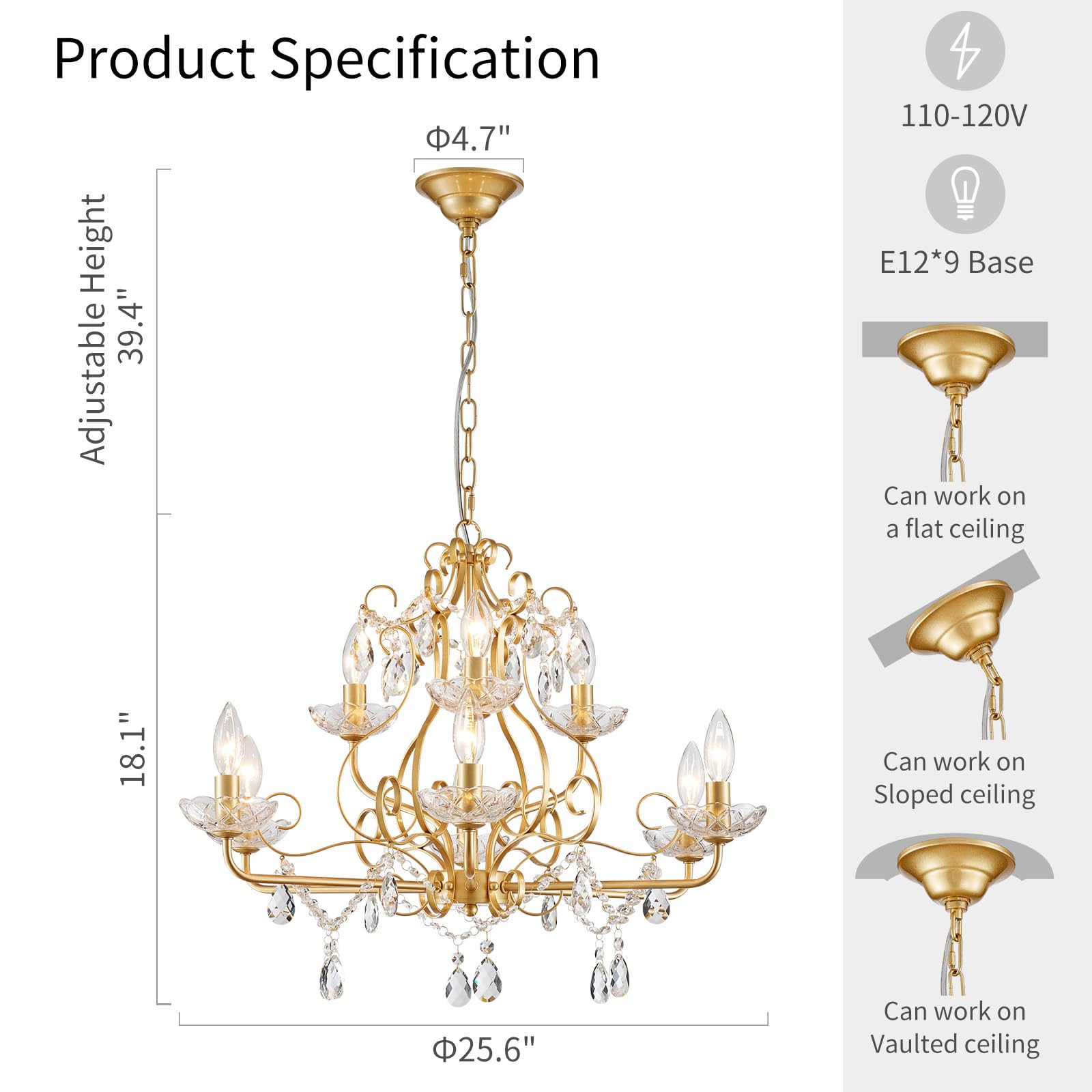WUZUPS 9-Light Crystal Chandelier, Gold Metal Flushmount, H 18.1" x W 25.6", Modern Lighting for Bedroom, Hallway, Kitchen, Bathroom