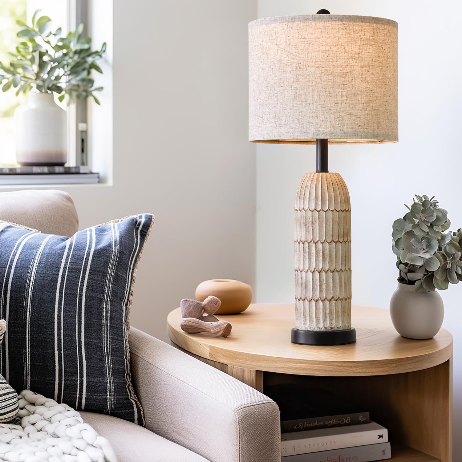 OYEARS Table Lamps Set of 2 - 26.5" Bedside Lamps with USB A+C Charging Ports, Rustic Wash White for Nightstands and Bedrooms