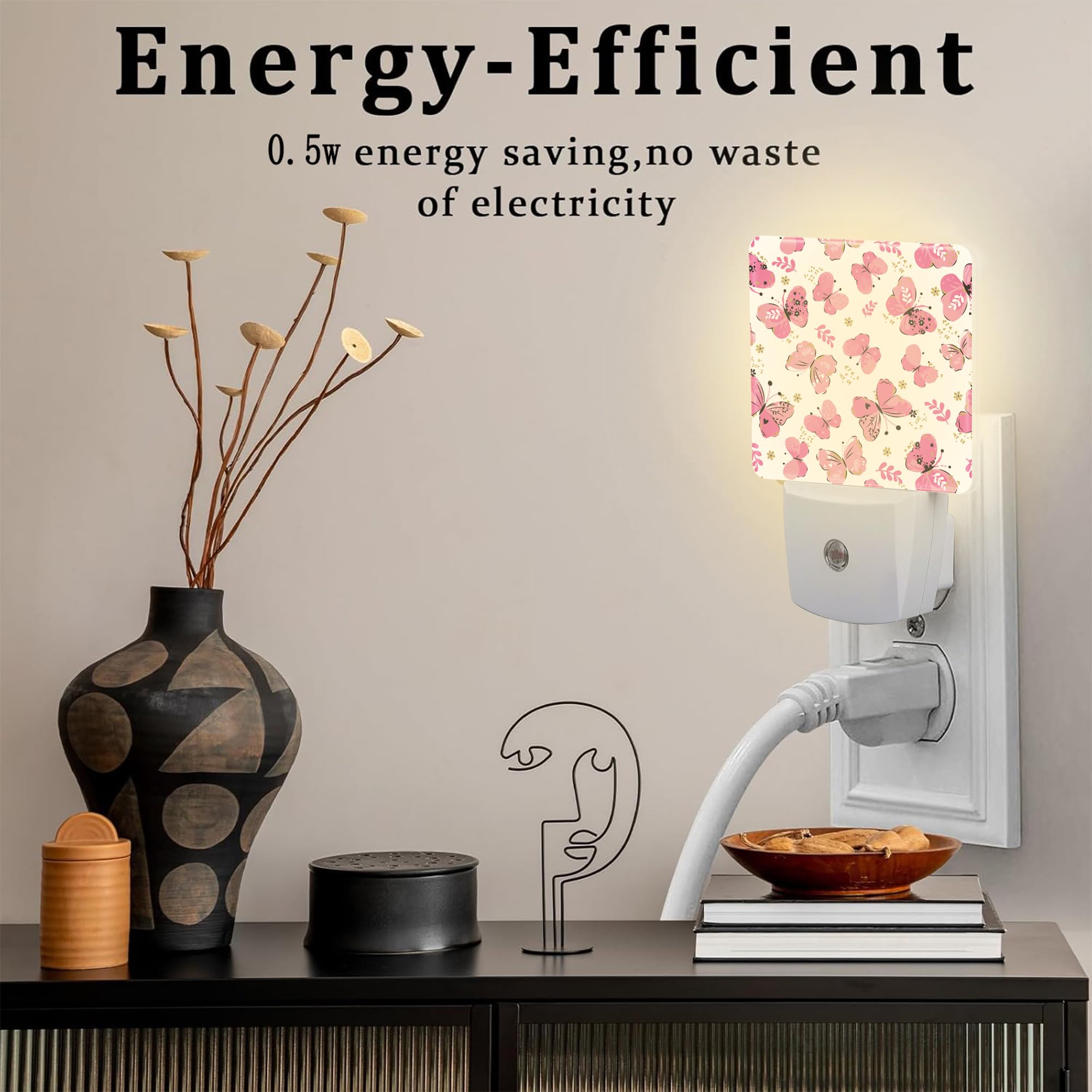 sndheke Butterfly Night Light, 0.5W Energy Saving, Floral Design, Dusk to Dawn, Plug-In, Pink, Model SBD04
