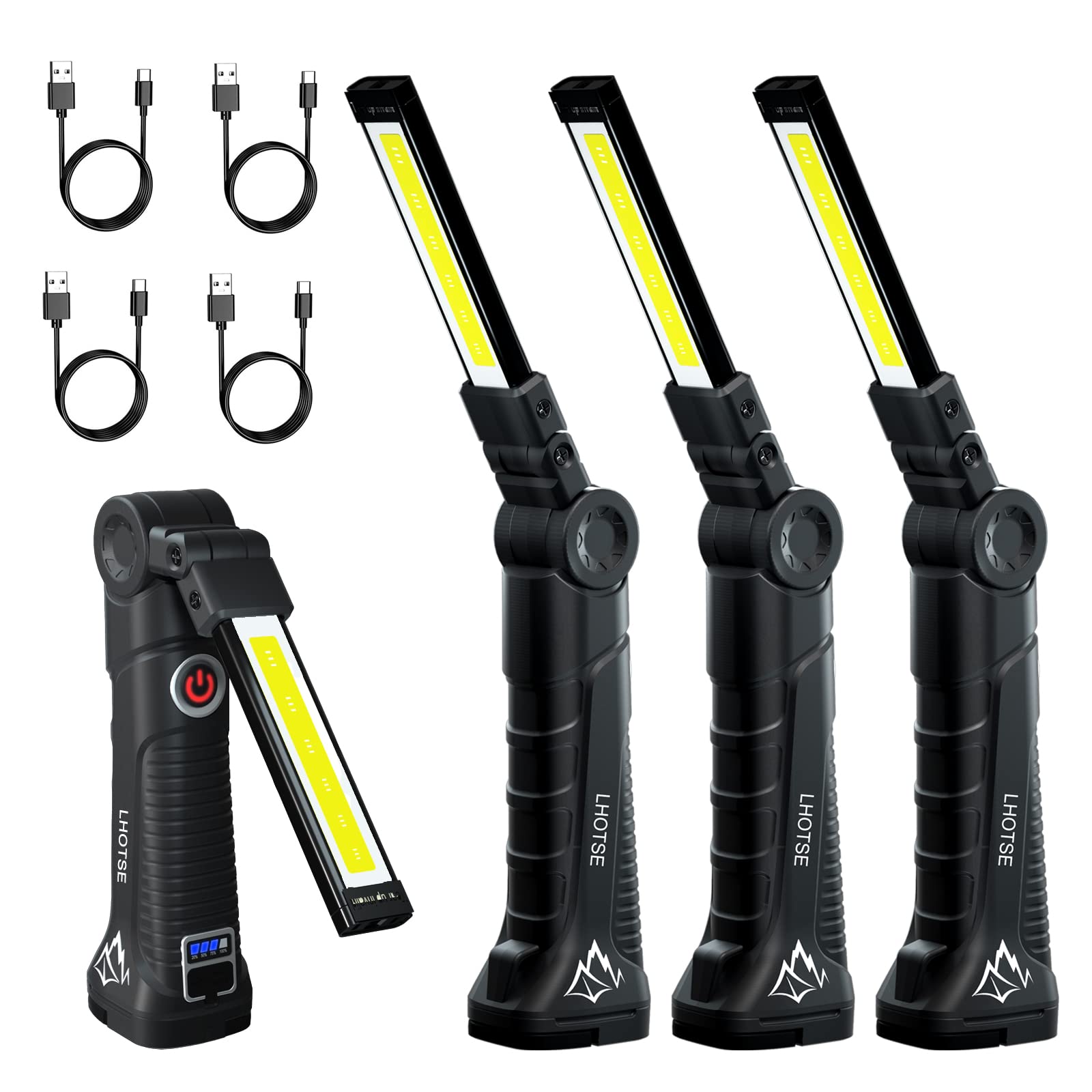 LHOTSE LED Work Light, 4 Pack Rechargeable Flashlight with Magnetic Base & Hook, Battery Display, 360? Rotation, 5 Modes, Foldin