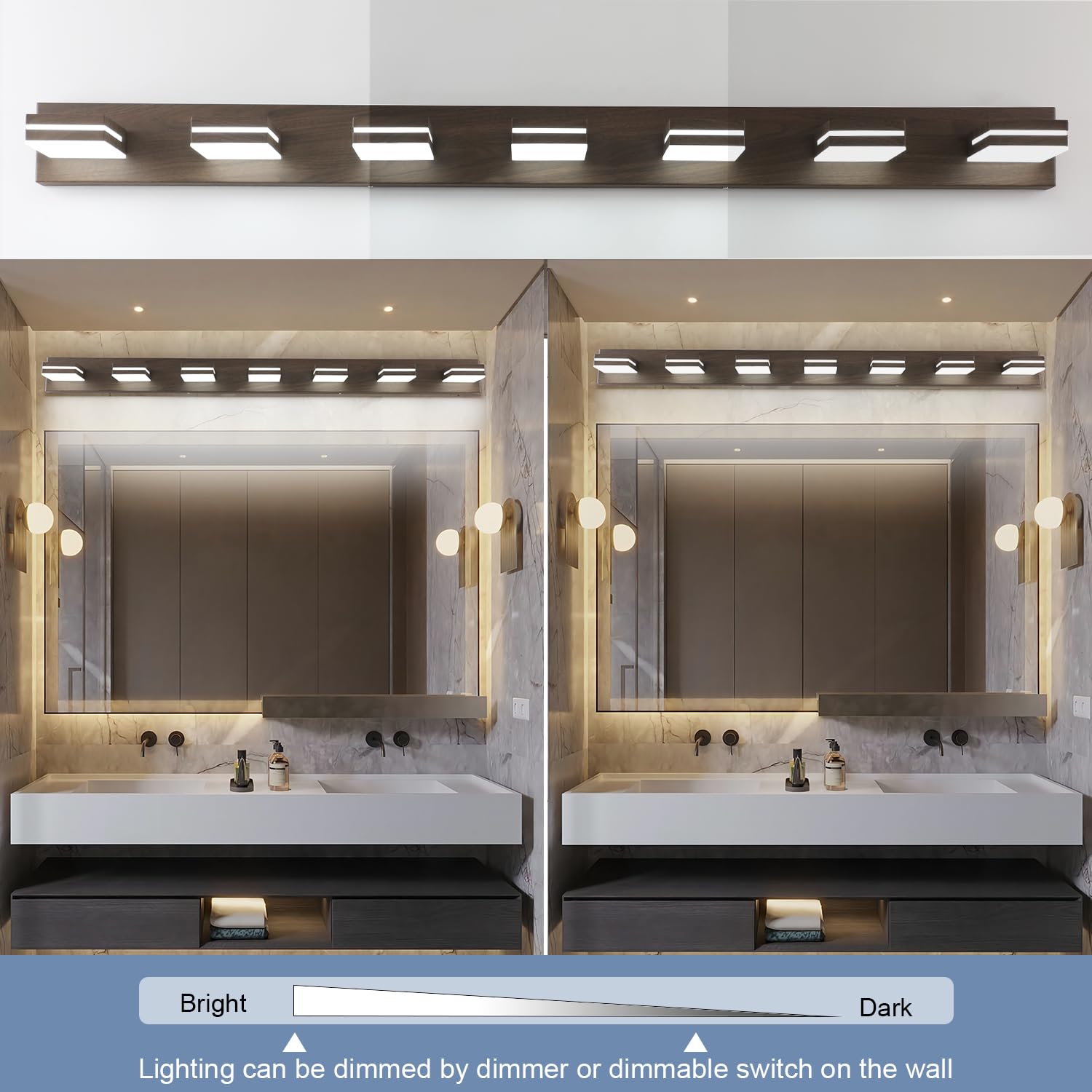 SineRise LED Bathroom Vanity Light Fixture, 7-Light, 55-Inch, Dimmable, Brown Wood, Stainless Steel, Model 07c3442a-1e90-4