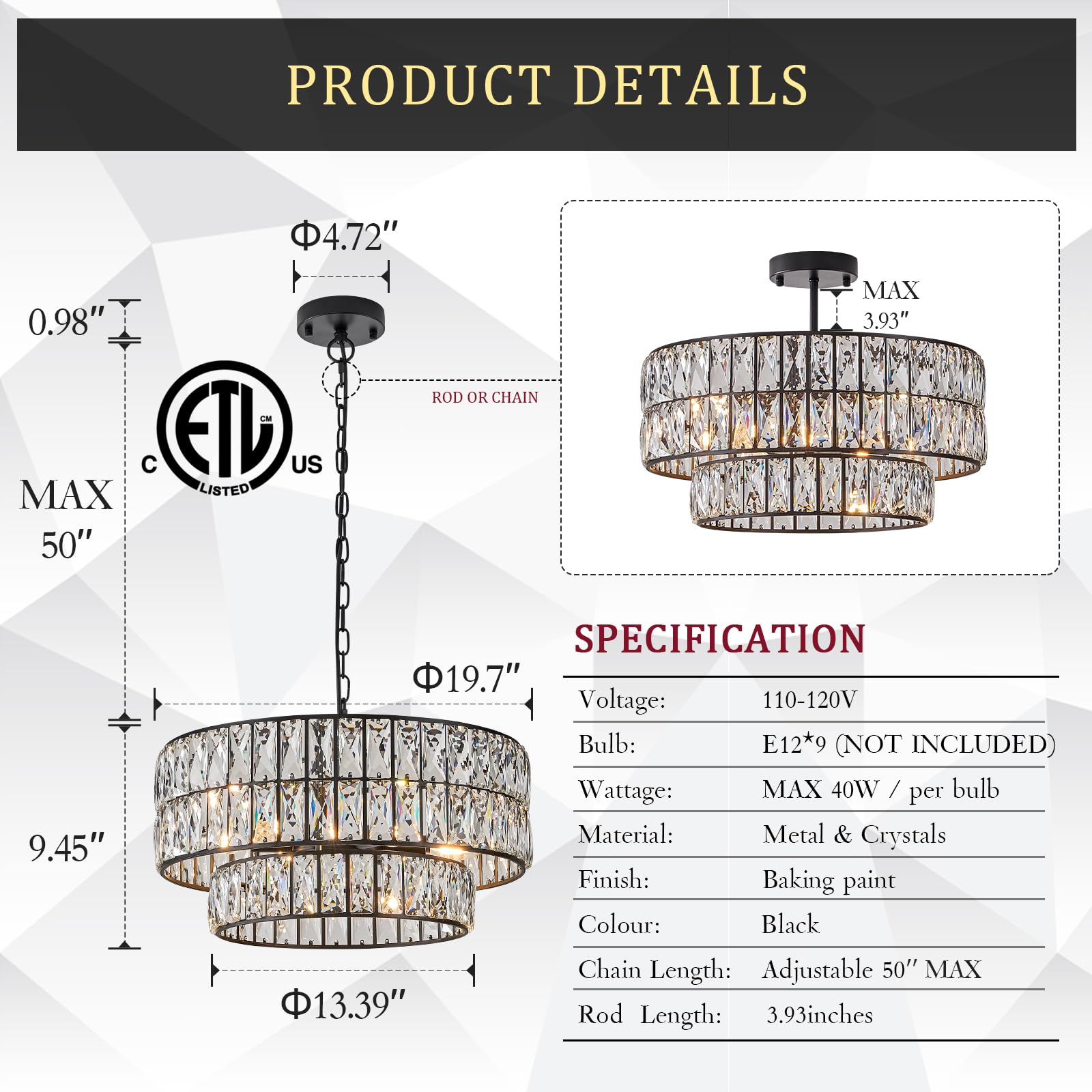 CATINER Black Crystal Chandelier, 6-Lights Luxury Pendant, 20'' Metal Drum Semi Flush Mount for Dining Room, Foyer, Living Room, Kitchen