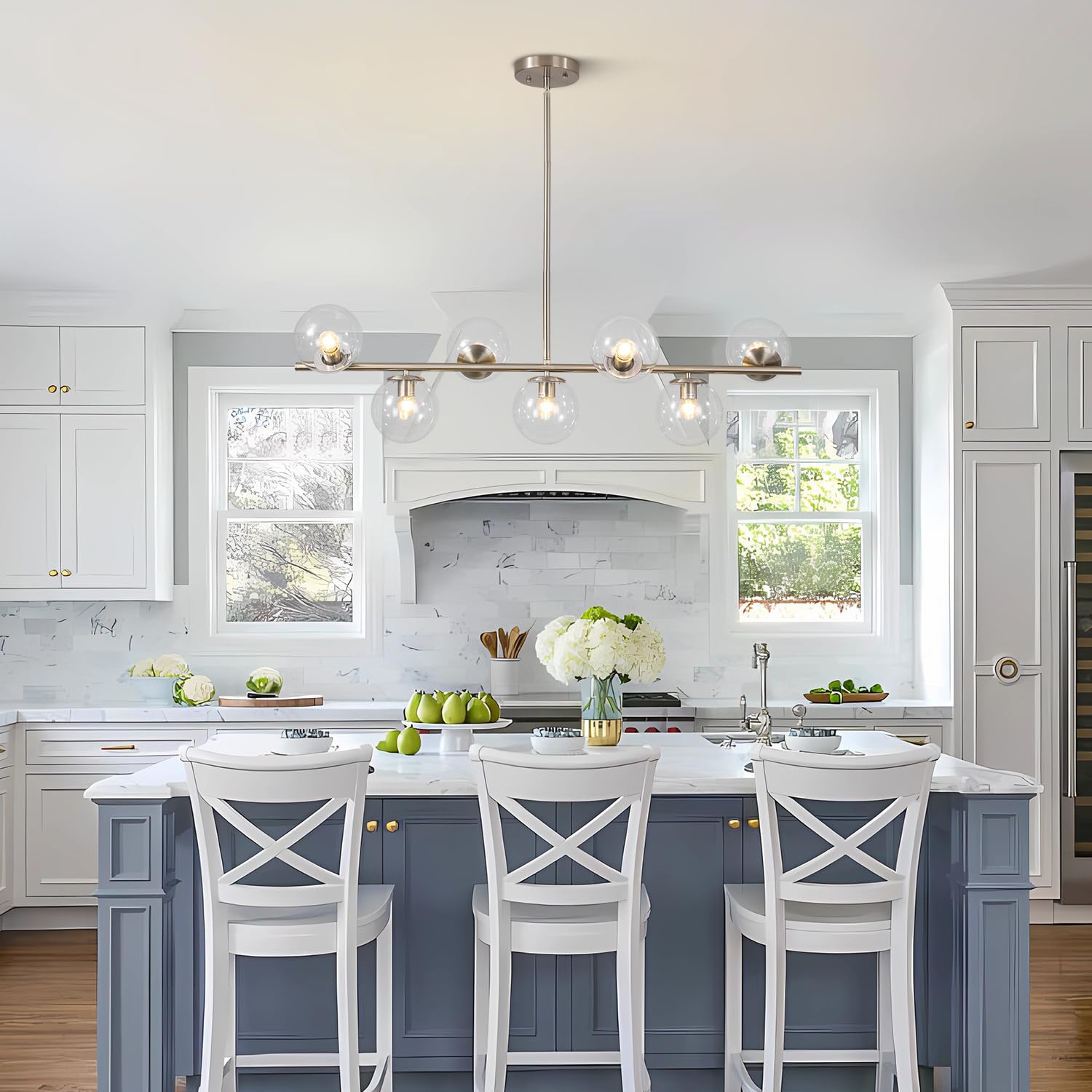 Kco 7-Light Brushed Nickel Chandelier - Modern Silver & Clear Glass Pendant For Kitchen Island