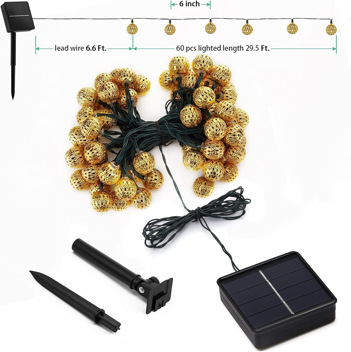 Brightown Solar Moroccan String Lights, 60 LED, 36 Ft, Waterproof, 8 Lighting Modes, Multicolor, Plastic