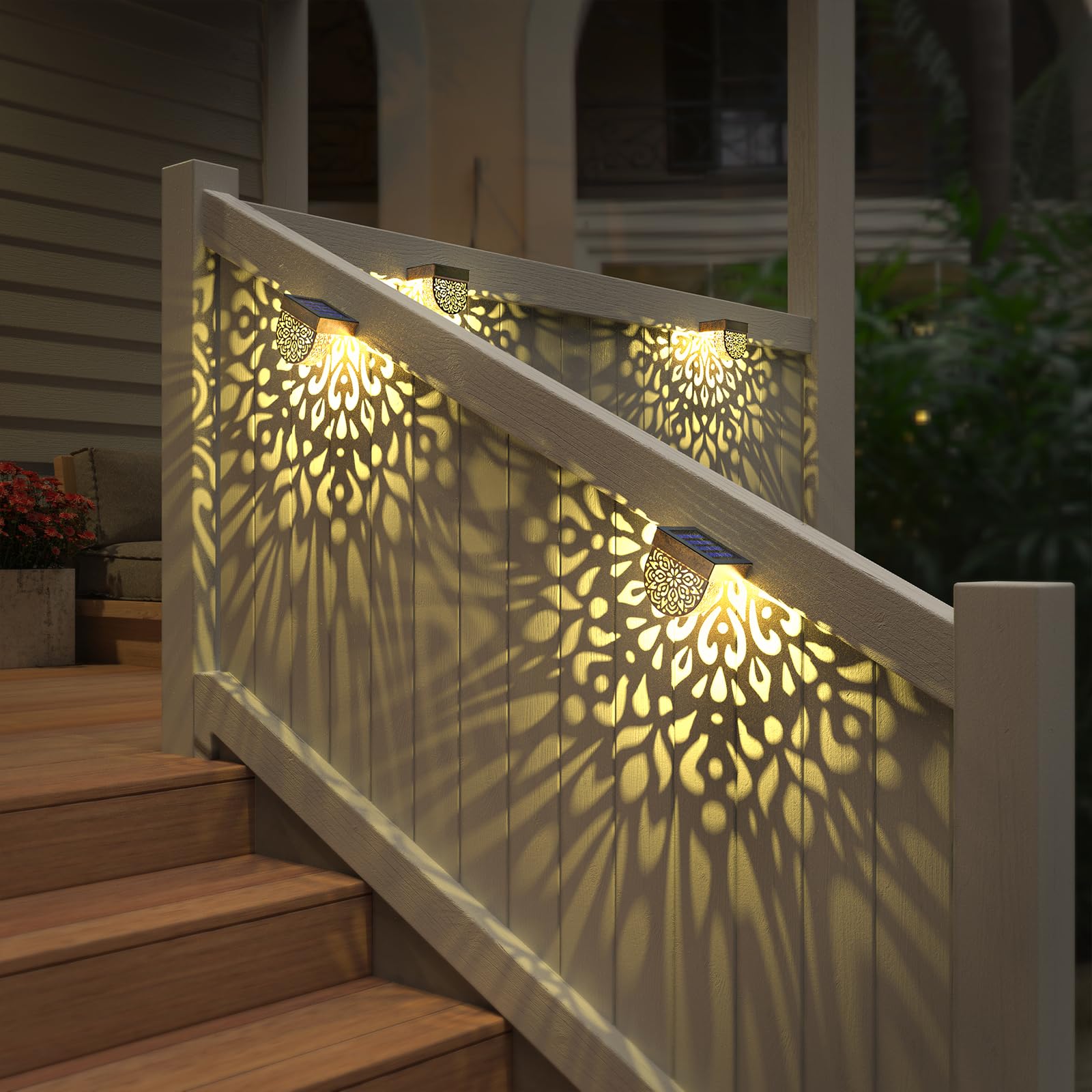 EKQ Solar Fence Lights - 6 Pack LED Waterproof Outdoor Wall Lights, Warm Yellow, Gold, Model SOLAR-123