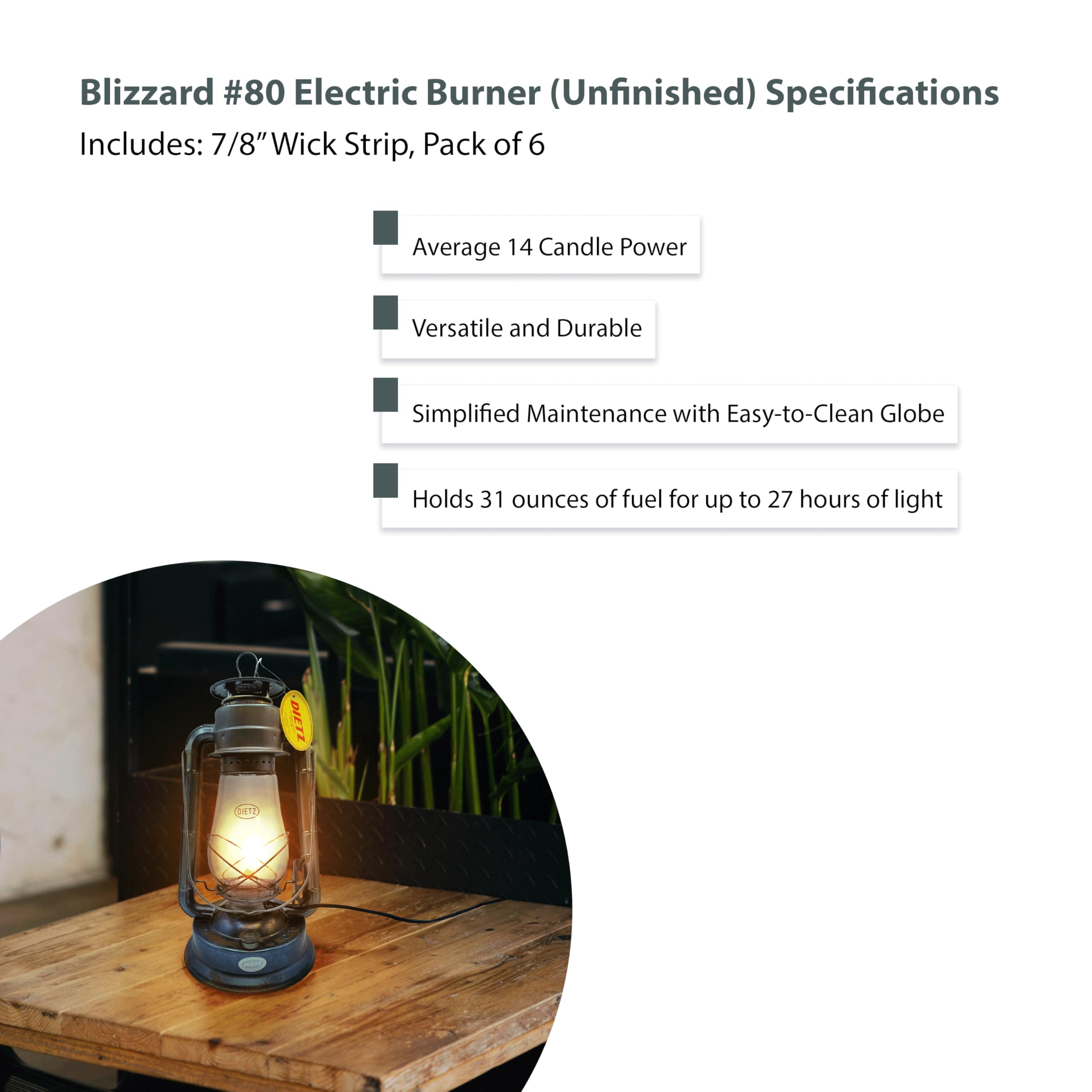 Light of Mine - Dietz #80 Blizzard Oil Lantern with 7/8 Replacement Wick Strips (Unfinished with Electric Conversion Kit)