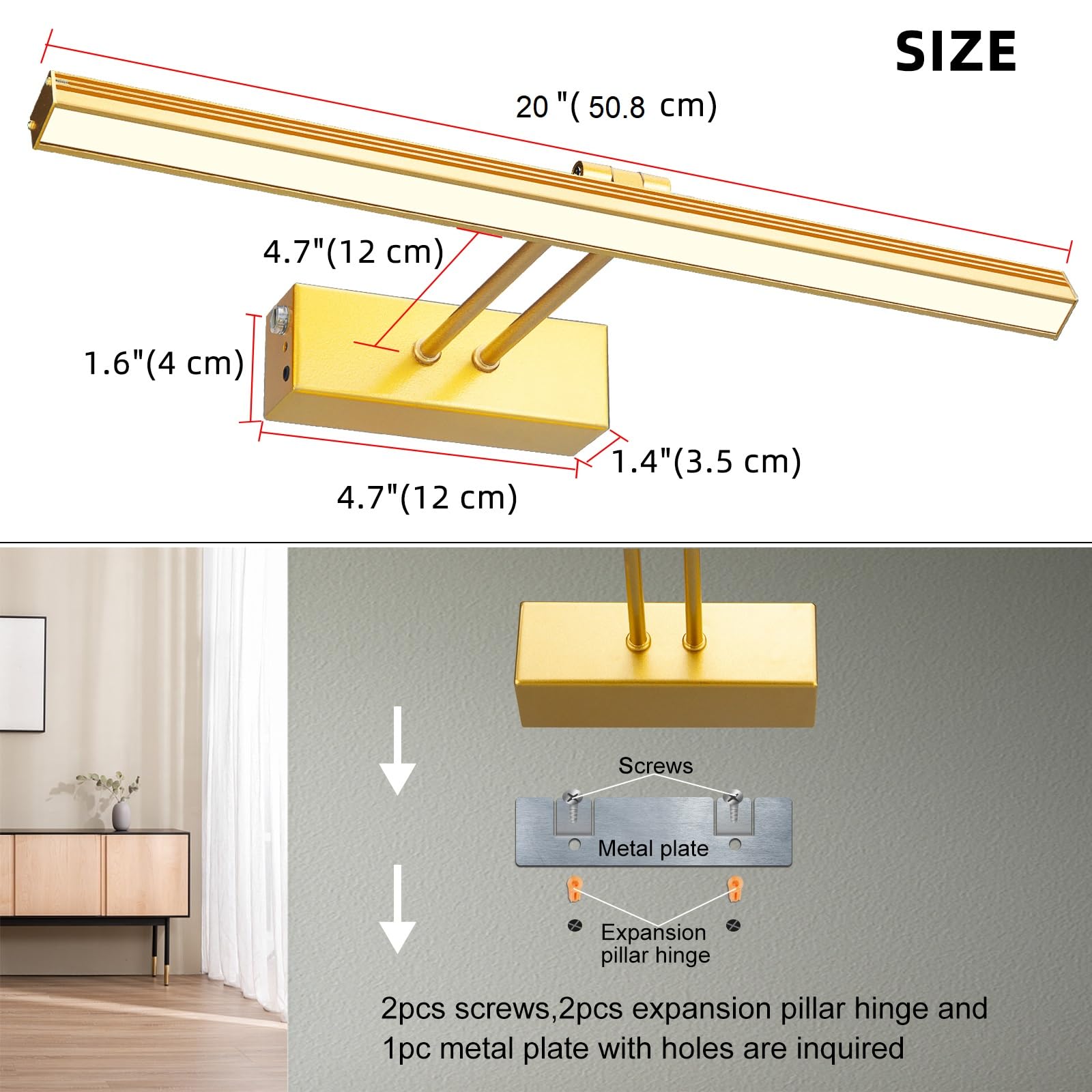 Funchday 20 Battery Picture Light - Wireless Remote, Dimmable, Metal Art Light In Gold, Model Fc70182 For Artwork Display