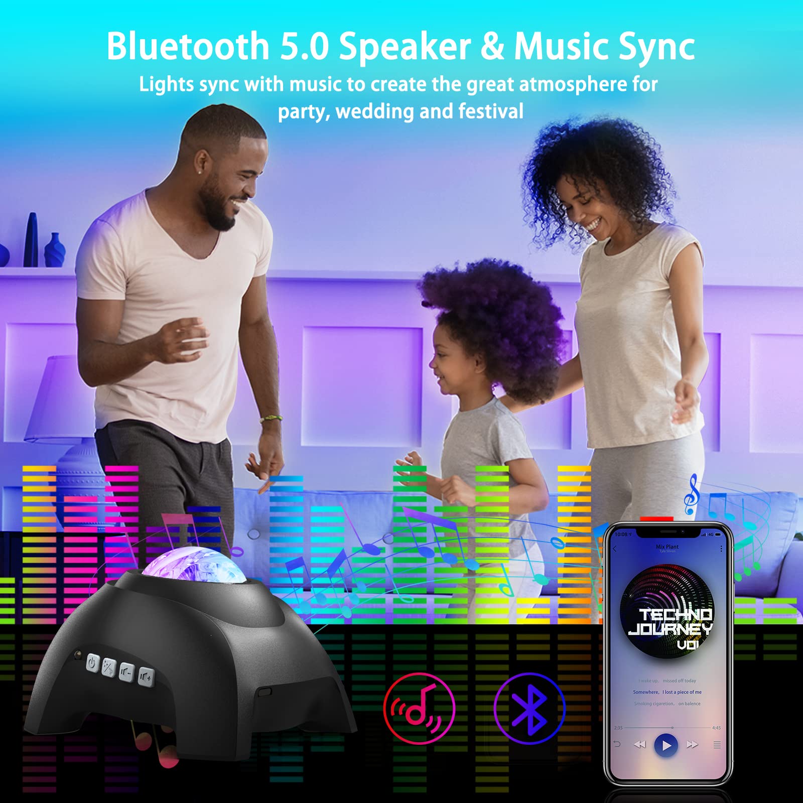 AIRIVO Northern Lights Aurora Projector, Music Speaker & White Noise Night Light, Black, Model HJ-09 for Home Decor and Parties
