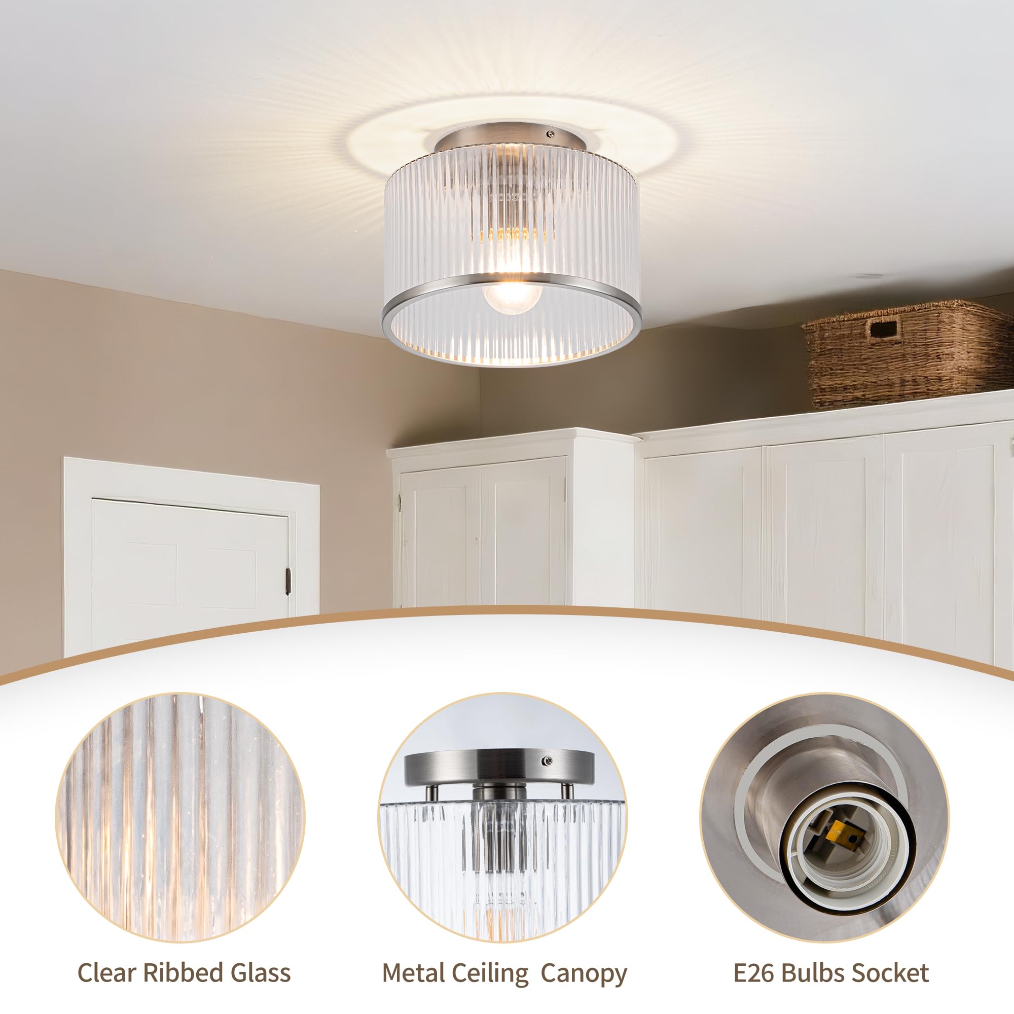 Mayna Modern Nickel Semi Flush Mount Ceiling Light Fixture, 1-Light Glass Ceiling Light, Hallway Light Fixtures Ceiling Mount Fo