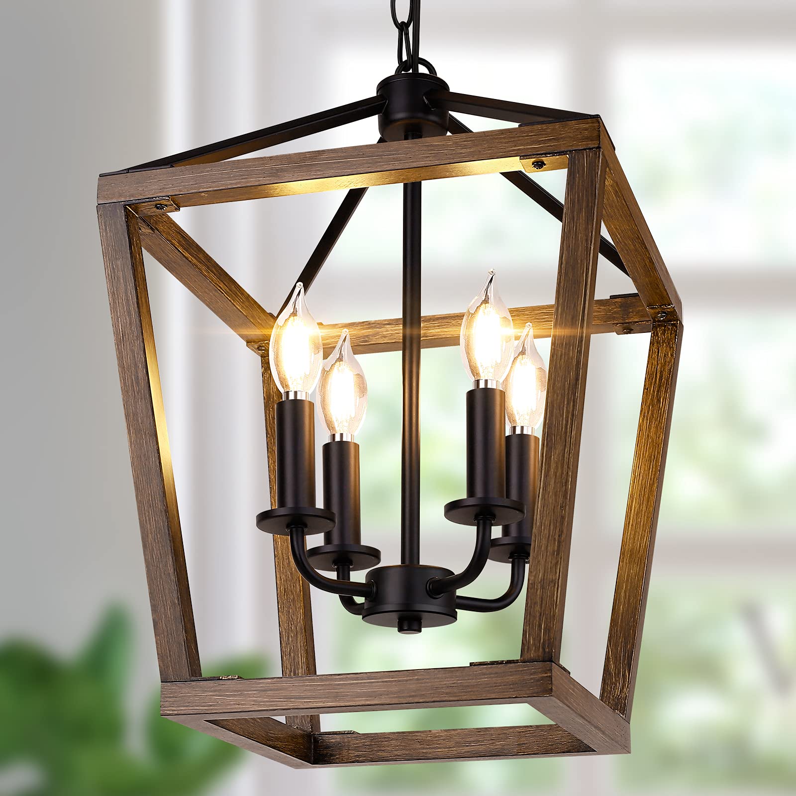 BrightHome Farmhouse Chandelier, 4-Light Pendant Ceiling Light, Height Adjustable, Wood Finish, Metal, Model D3560-04-WDBK