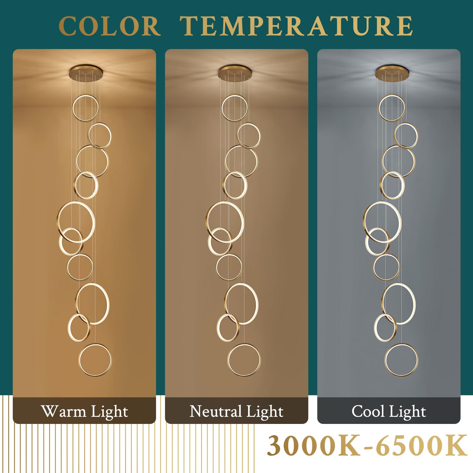Sparklelf 10 Rings Modern Led Chandelier For High Ceiling Dimmable Gold Contemporary Pendant Light Fixture Long Foyer Chandelier
