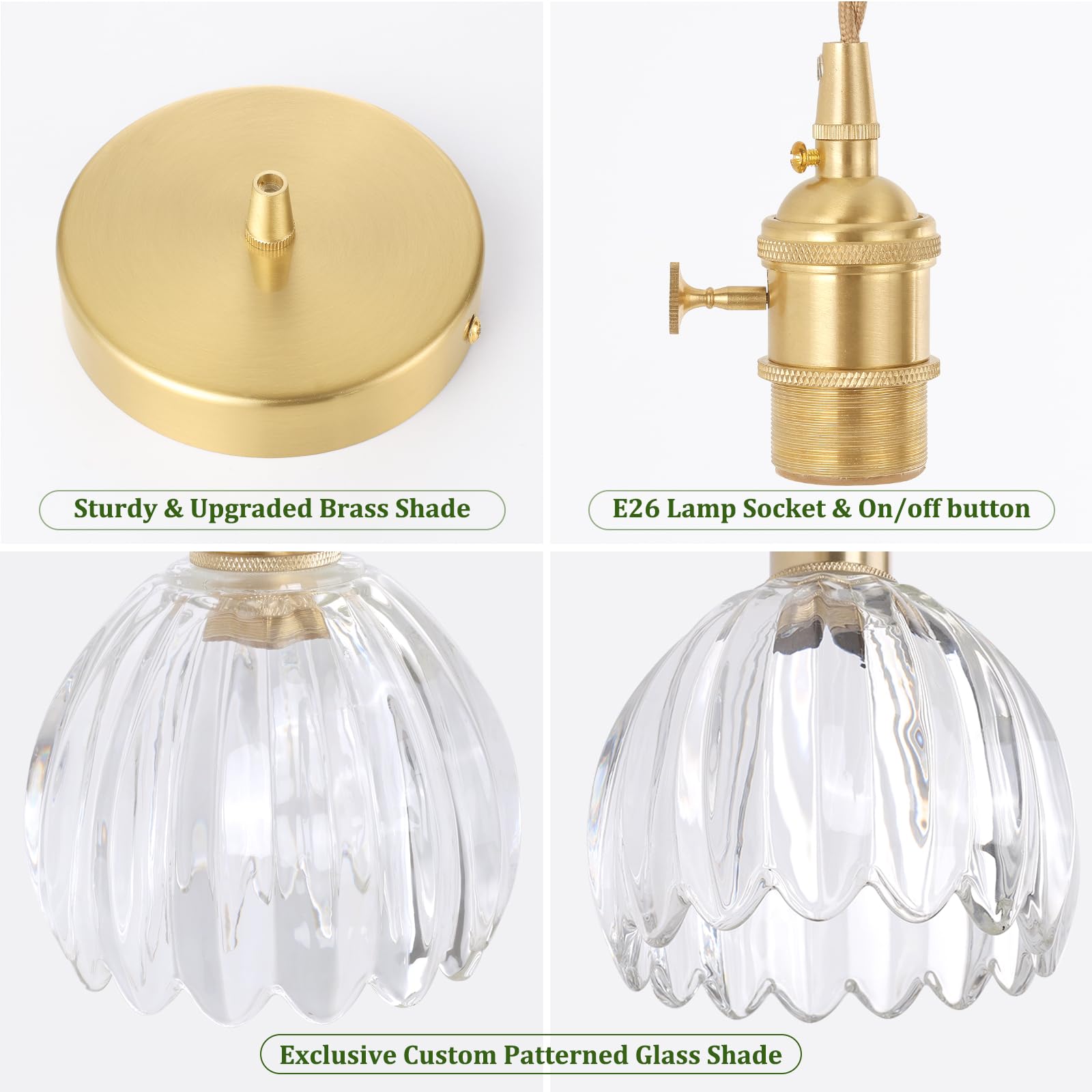 Shenmoyl Mini Pendant Light With Clear Tulip Glass Lmapshade, Brass Vintage Pendant Light Adjustable Hanging Light For Kitchen I