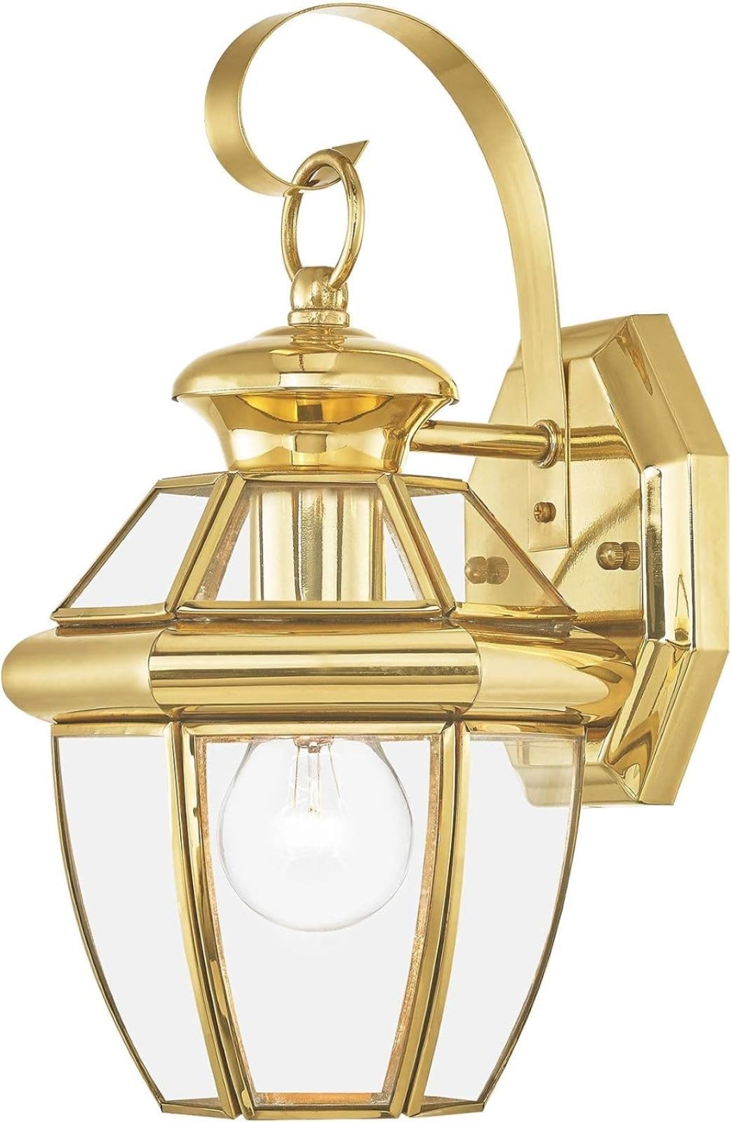 Livex Lighting 2051-02 Monterey 1 Light Outdoor Polished Brass Finish Solid Brass Wall Lantern With Clear Beveled Glass, Gold