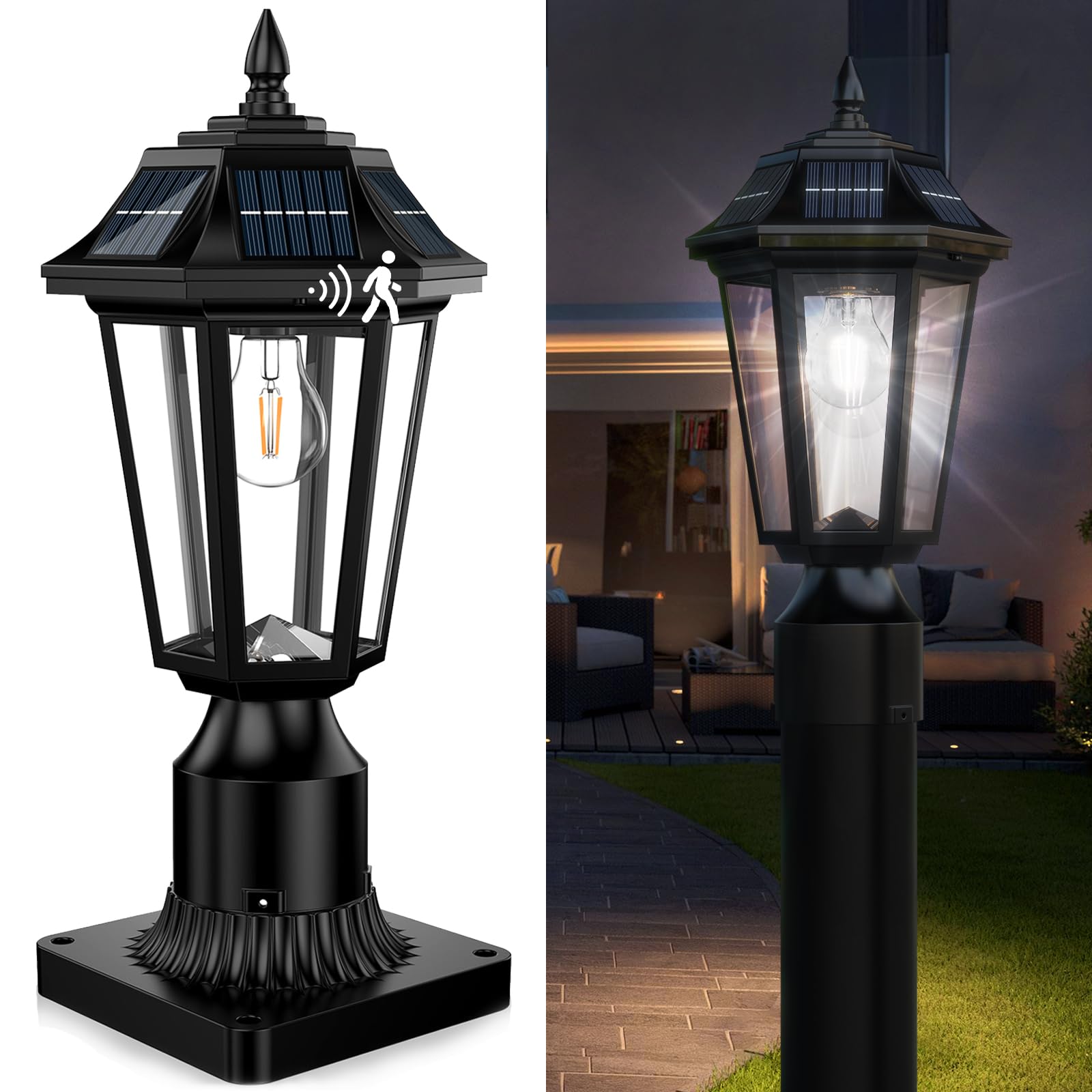 Hameso Solar Post Lights With Mount Base, Outdoor Solar Lamp Post Lights Waterproof - 3 Modes (6000K Cool White) With Motion Sen