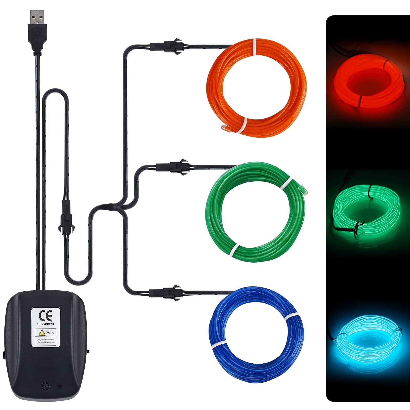 JIGUOOR USB EL Wire Neon Light Strip 49.21ft/15m Music Sync Green/Blue/Orange Model JGA0290-GBO