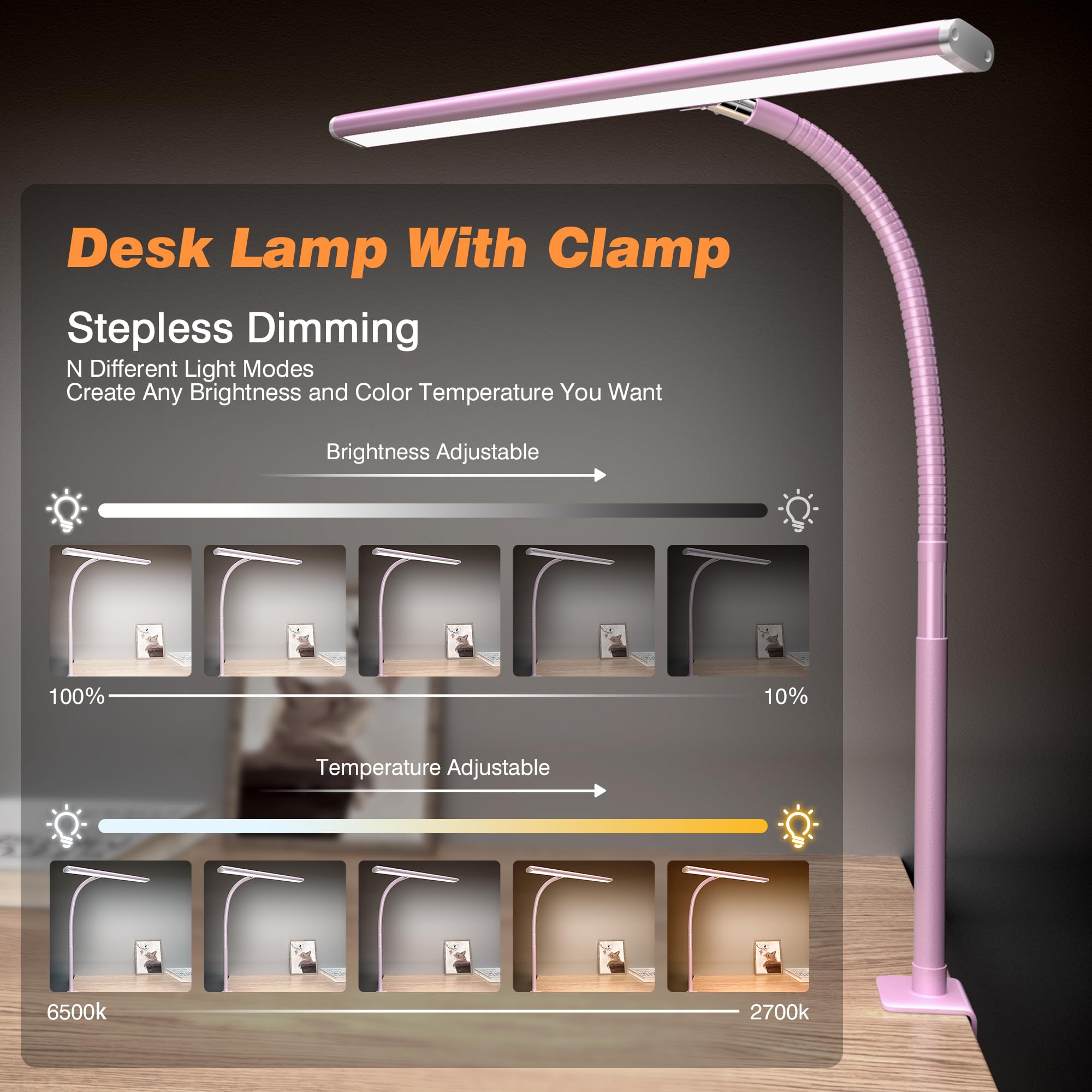 Airlonv Led Desk Lamp For Office Home, Eye-Caring Desk Light With Stepless Dimming Adjustable Flexible Gooseneck, 10W Usb Adapte