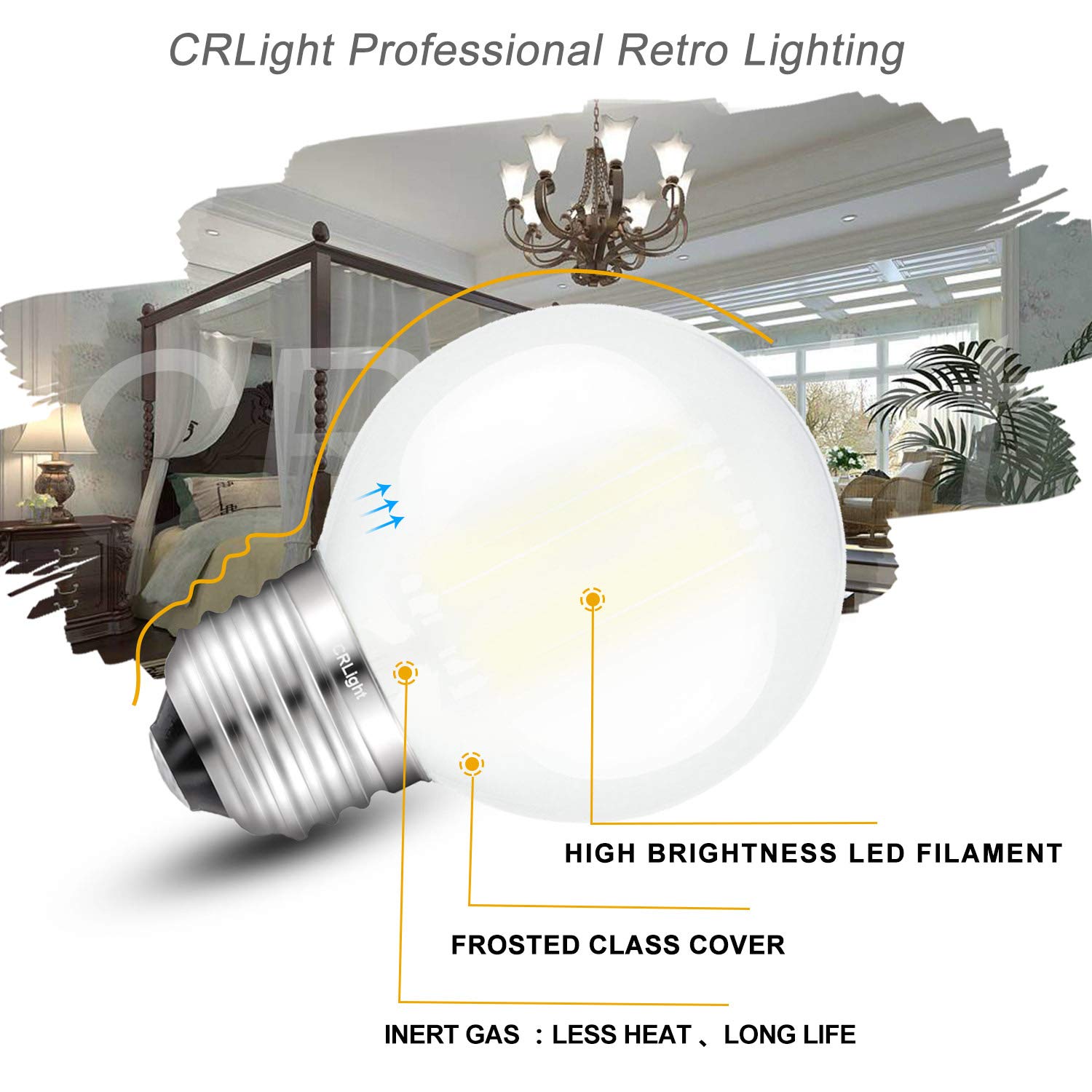 Crlight 6W Edison Led Globe Bulb, 4000K Daylight White, Dimmable, 6 Pack, E