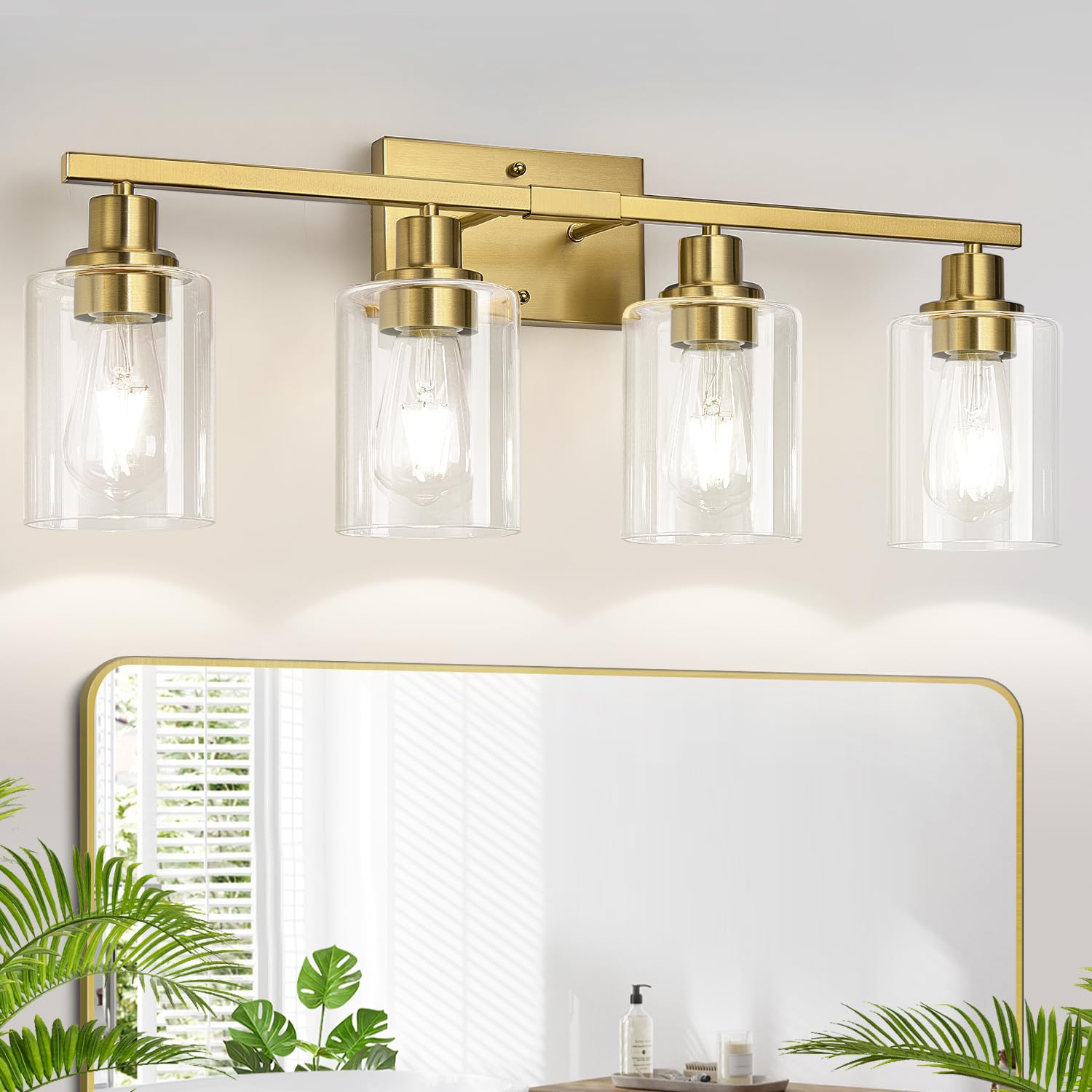 MOKATNG 4-Light Bathroom Light Fixtures  Vanity Light with Clear Glass Shades  Brushed Gold Bathroom Light Fixtures Over Mirror  Modern Bathroom Wall Lamp for Mirror Living Room Cabinet Bedroom