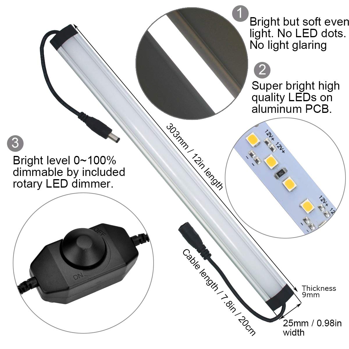 Litever LED Under Cabinet Lighting Kit, 3 PCS 1ft, Dimmable 20W 1000 Lumen, Daylight 5000K, Aluminum Model LL-008-3