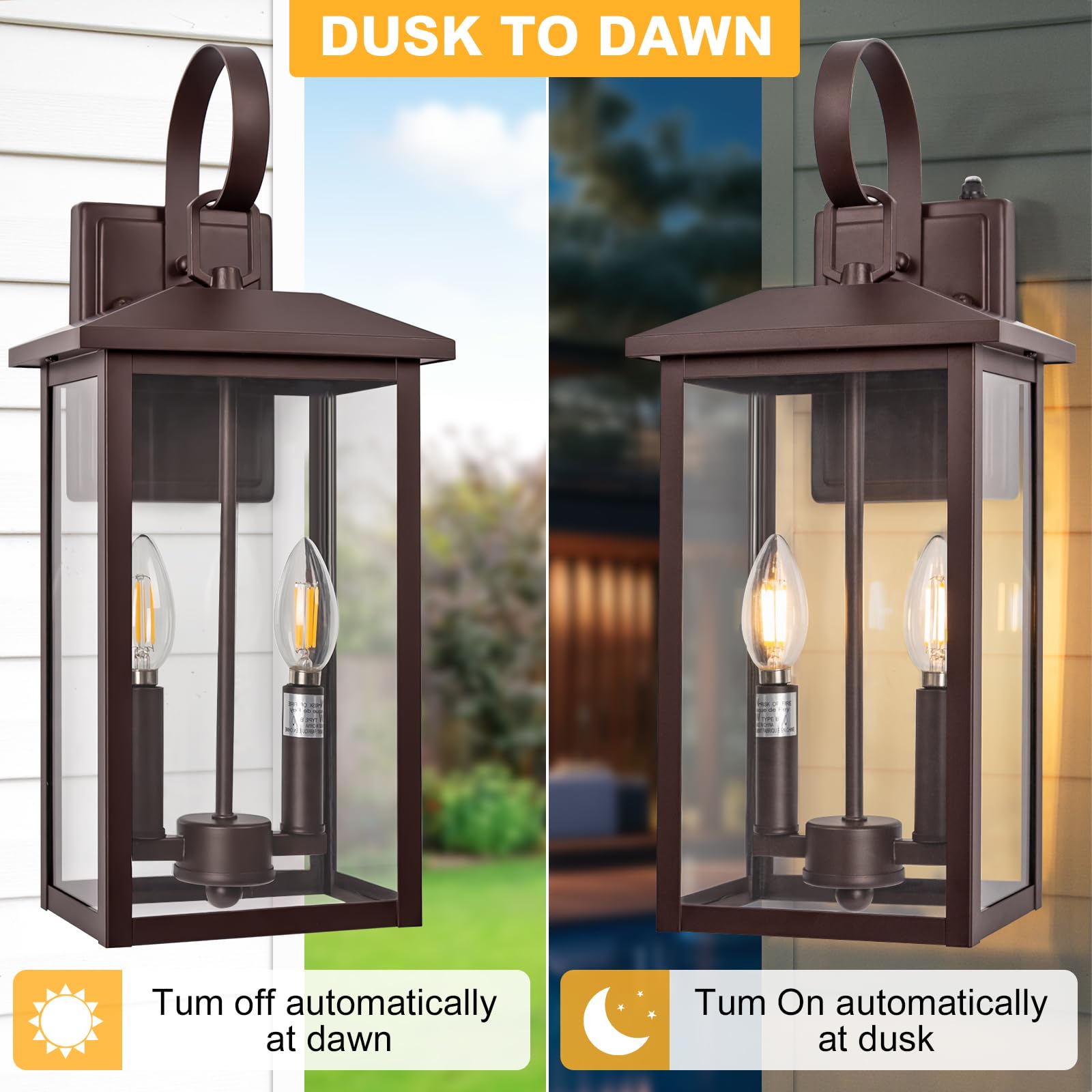 Extra Large Exterior Lighting Fixtures Bronze, Dusk Till Dawn Outdoor Light Fixture, 2-Light Outdoor Wall Fixture With E12 Socket, 18" Porch Light Fixtures For House, Garage, Patio, Door, Backyard