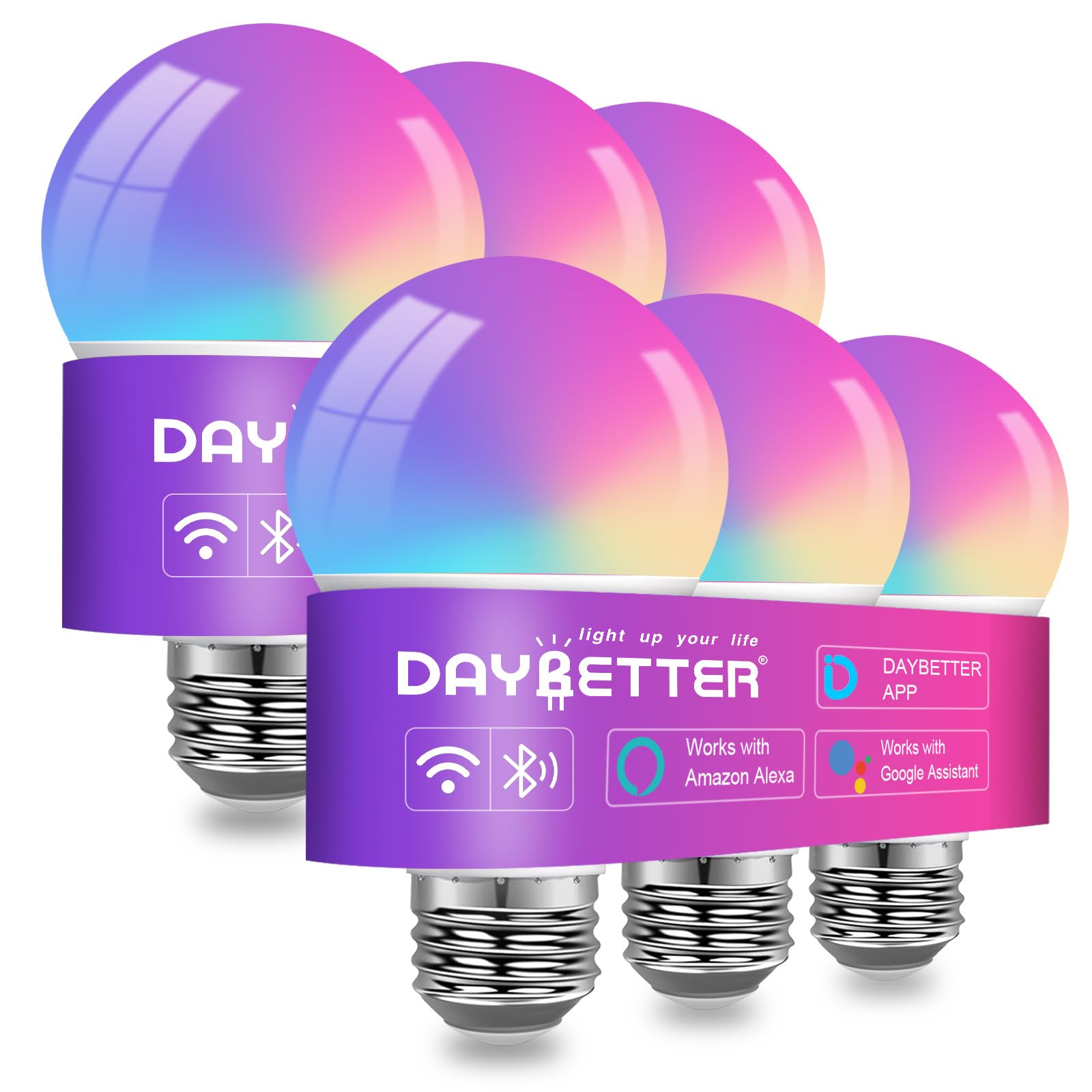 DAYBETTER Smart Light Bulbs, Smart Bulb Compatible with Alexa & Google Home, A19 E26 2.4G WiFi Bluetooth Alexa Light Bulbs, RGBC