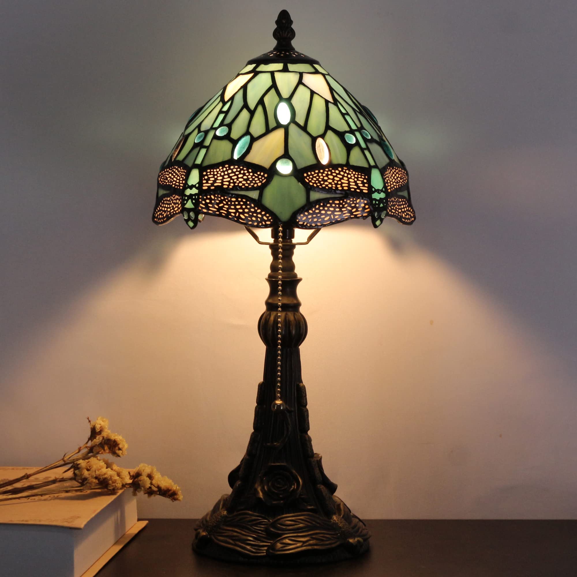 Small Tiffany Lamp Mini Stained Glass Desk Lamp Vintage Table Lamp Tiffany Style Night Light 8X17.5 Inch (Sea Blue Dragonfly Sty