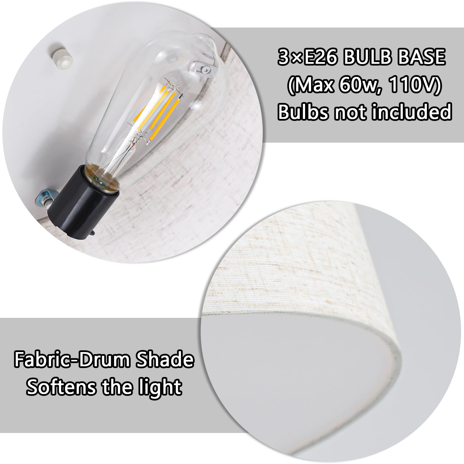 Luupyia Vintage 3-Lights Drum Ceiling Light, Beige Fabric Shade Semi Flush Mount Fixture