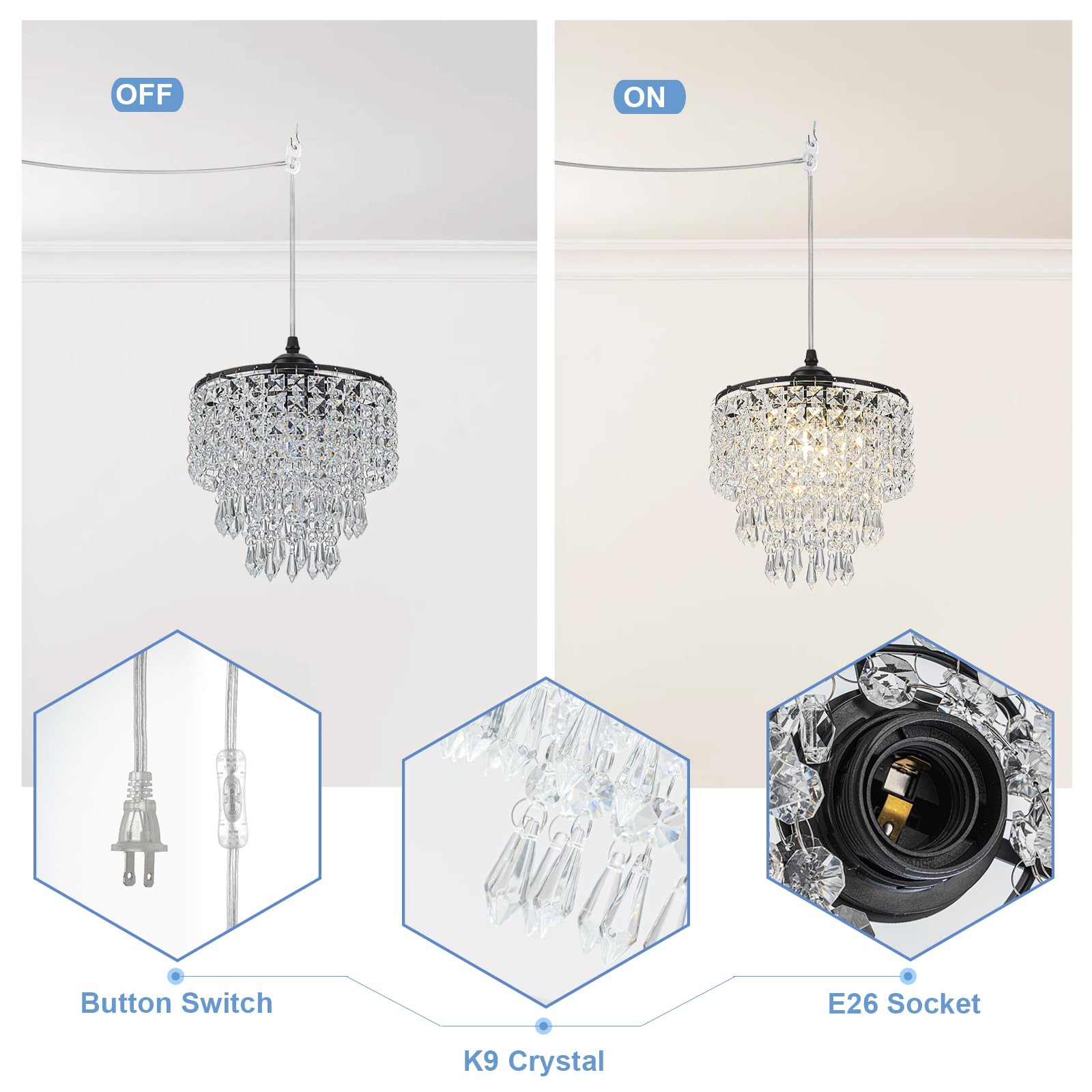 8'' Chandelier Plug In Crystal Chandelier Pendant Light Plug In With 16.4Ft Cord Hanging Lights 3-Tier Crystal Raindrop Chandeli