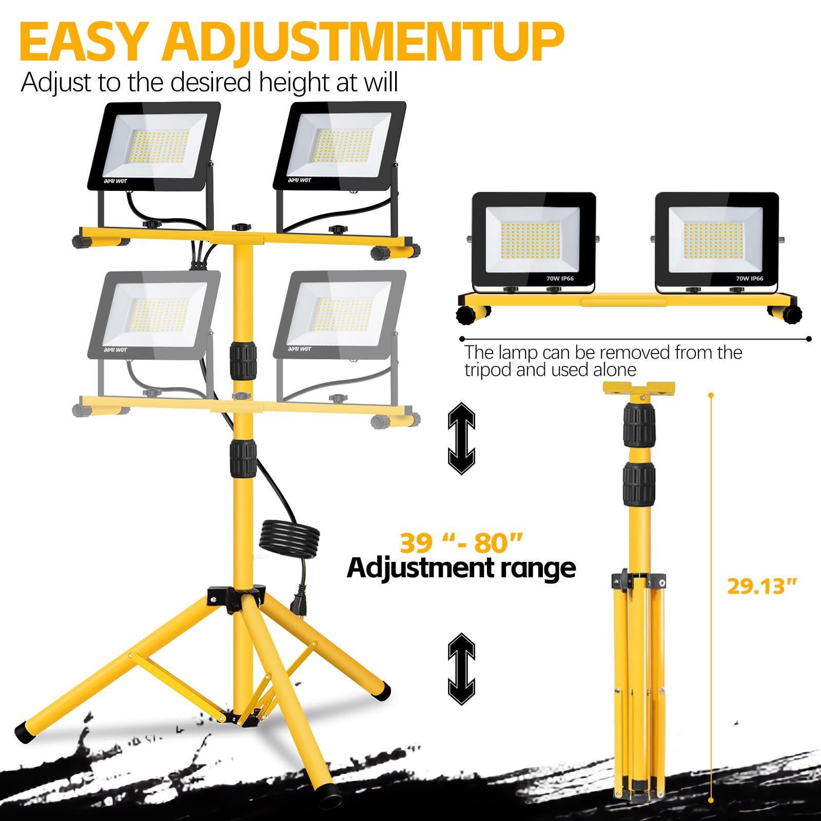 21000 Lumen Work Lights With Stand, 2 Adjustable Heads Led Work Lights, With Adjustable And Foldable Tripod Stand, Waterproof La