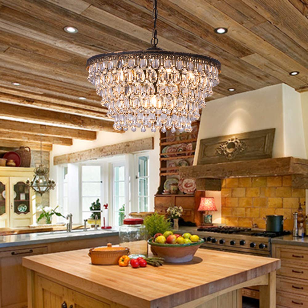 Wellmet 6-Light Crystal Chandelier, 20"W Bronze 5-Tier Farmhouse Ceiling Fixture for Foyer, Dining Room, Bedroom, Kitchen