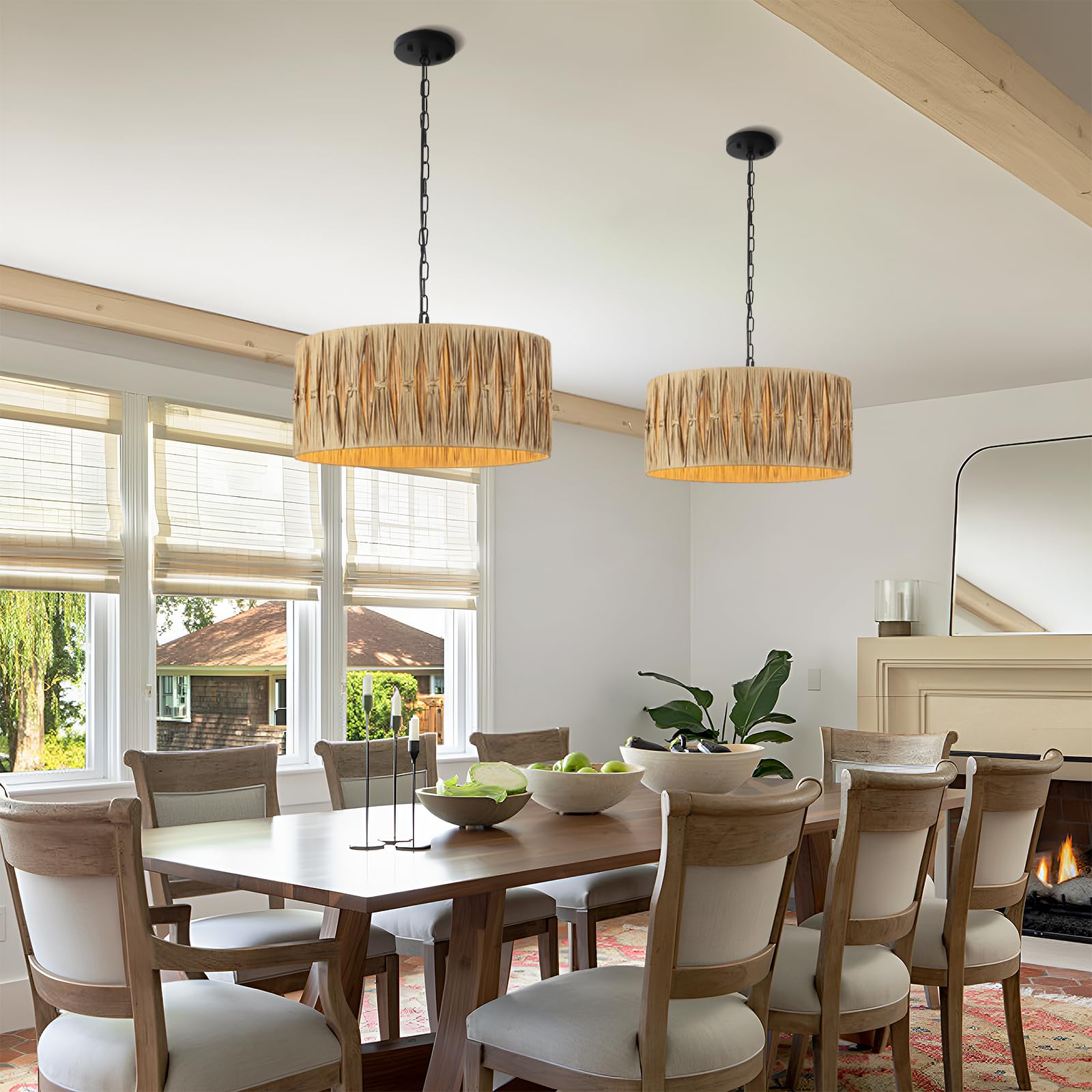 Karjearl 5-Light Boho Chandelier Light Fixture, 19'' Large Raffia Drum Chandelier Hand Woven Coastal Pendant Light For Dining Ro
