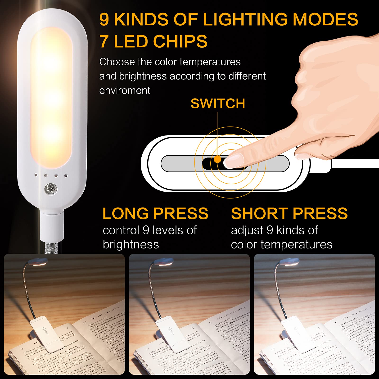 VAVOFO Clip On Book Light, 7 LED Eye Care Lamp, 9-Level Warm Cool White, Plastic, 1-Pack, White, Model KM-6720