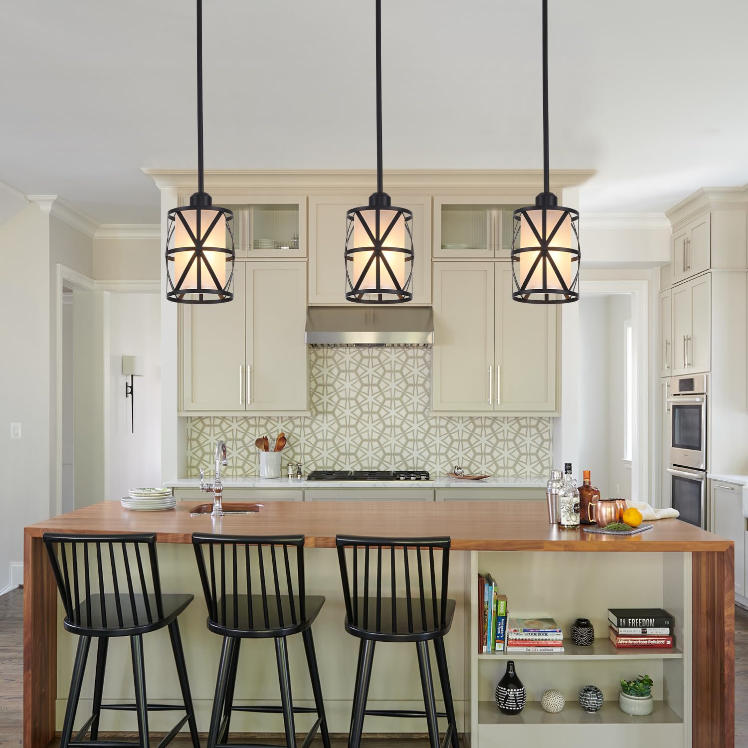 IHENGYANLT 3 Pack Pendant Light, Kitchen Island Lighting, Metal Glass, Black, Model PM1715-2, Stem Rod Design