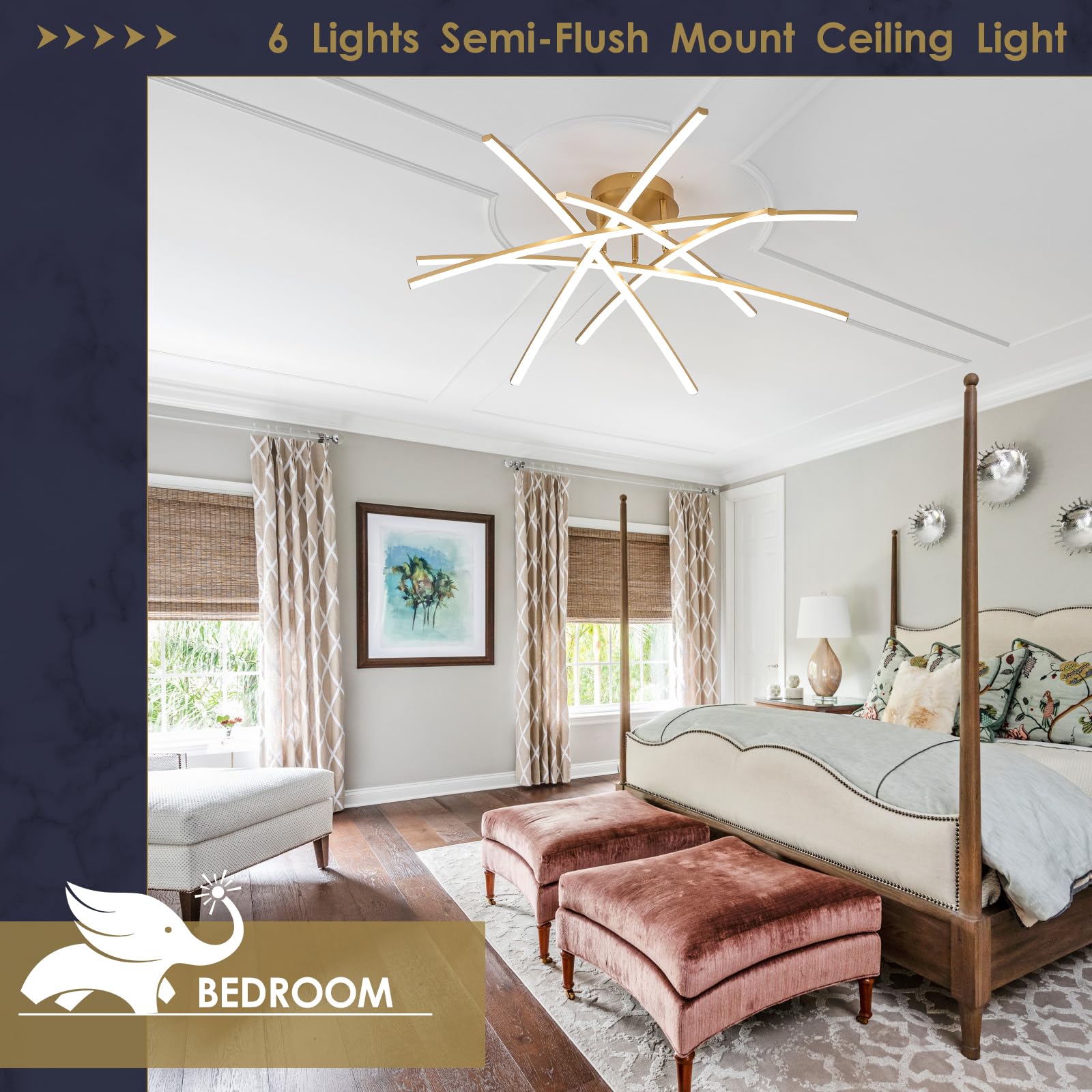 Airyphant Gold Led Chandelier Semi Flush Mount Ceiling Light, 65W Remote Control Ceiling Lighting Fixture For Living Room Dining