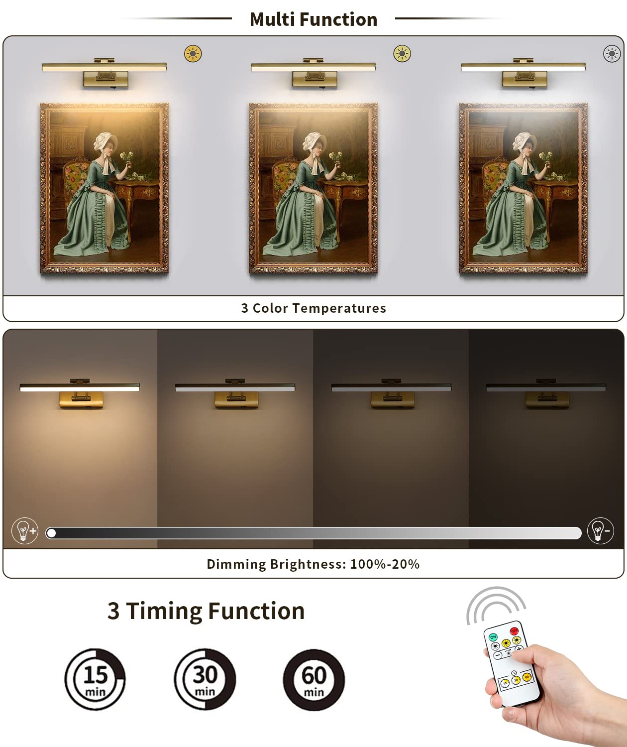 Jusheng 16'' Wireless Picture Light With Remote, Battery Operated Brass Art Display Lighting
