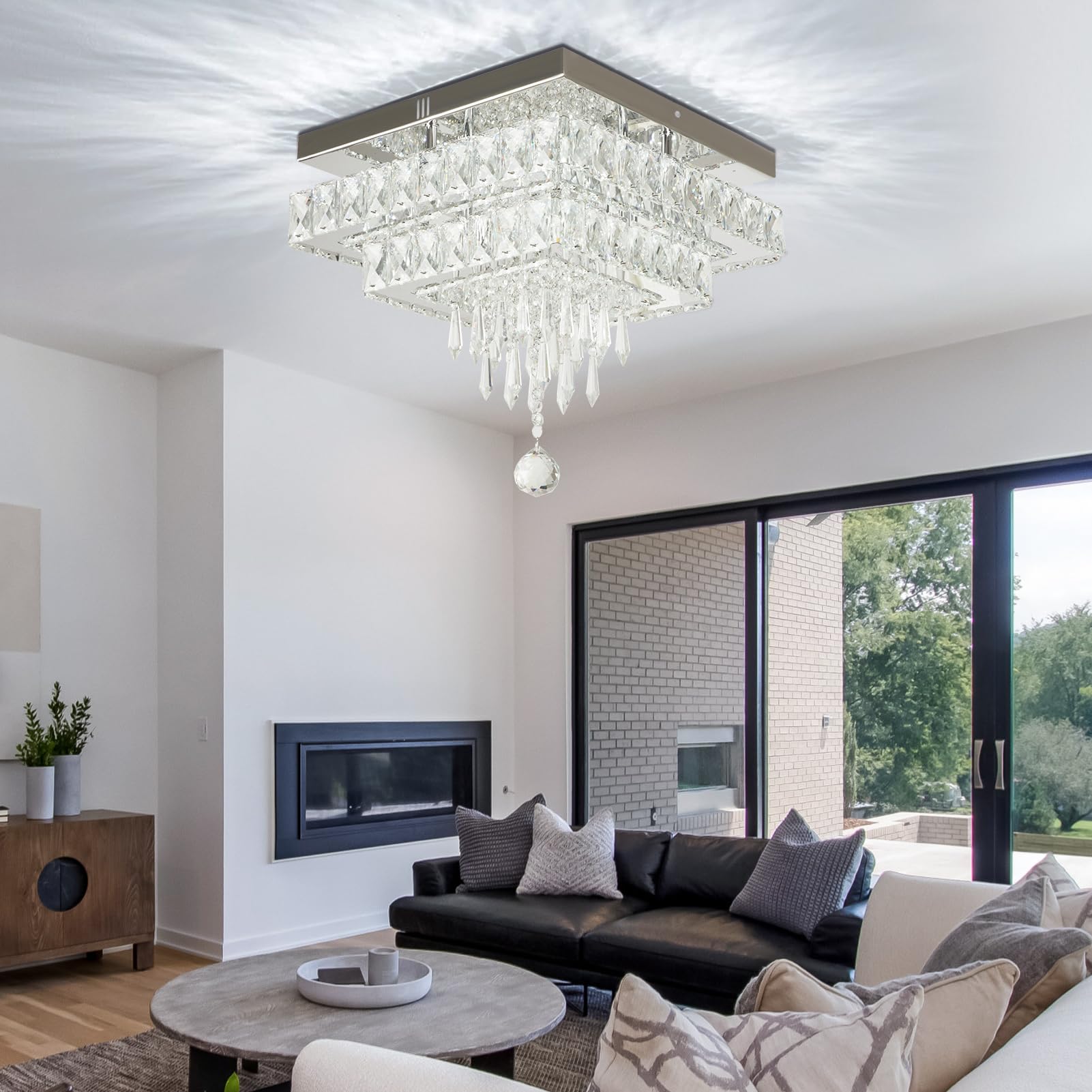 Finktonglan 13'' Square Crystal Led Ceiling Light, Modern Chandeliers With Multilayer Crystal, Flush Mount Ceiling Lights For Di