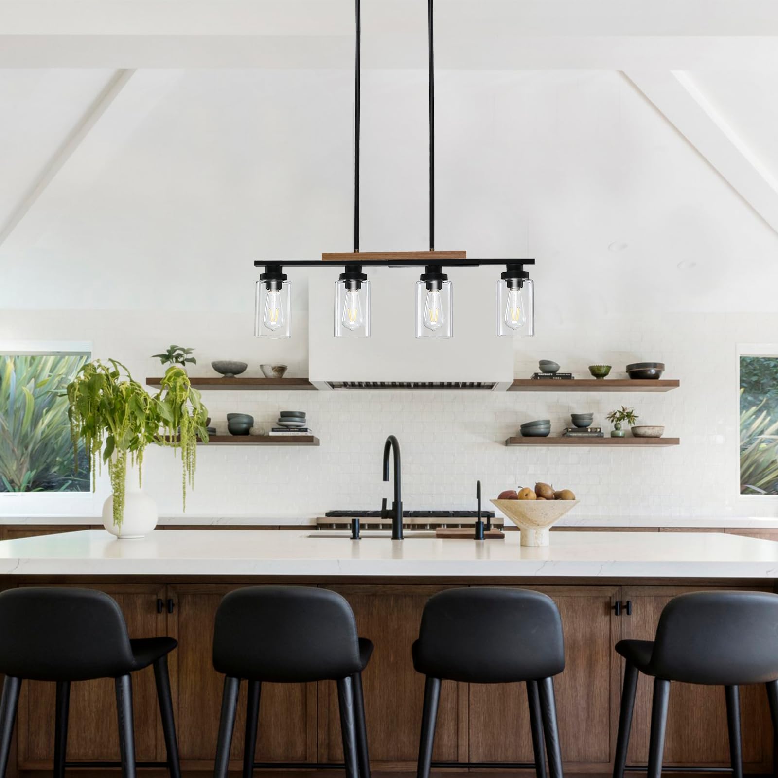 Dining Room Light Fixture Over Table,Farmhouse 4-Light Kitchen Island Lighting,Modern Wood Chandeliers For Dining Room With Adjustable Height,Industrial Black Kitchen Pendant Hanging Lights