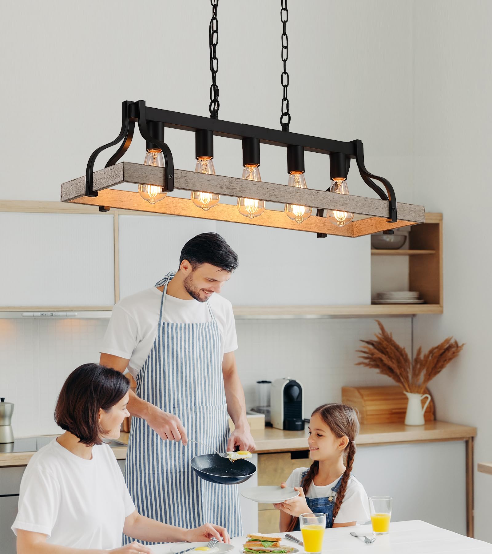 MEIXISUE 5-Lights Linear Chandelier - White Birch & Black Metal Finish, Farmhouse Industrial Lighting for Dining Room & Kitchen