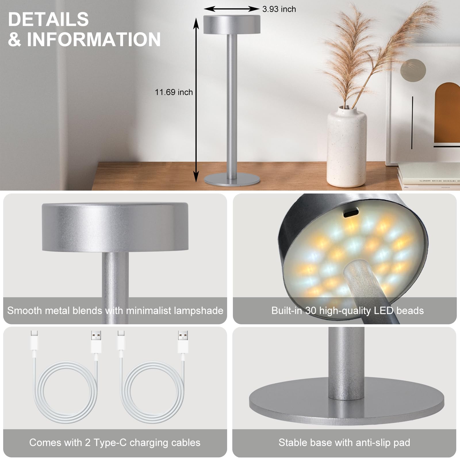 Briever 2 Pack Cordless Table Lamps, Rechargeable Battery Operated Lamp With 3 Colors Stepless Dimming, Portables Led Desk Lamp