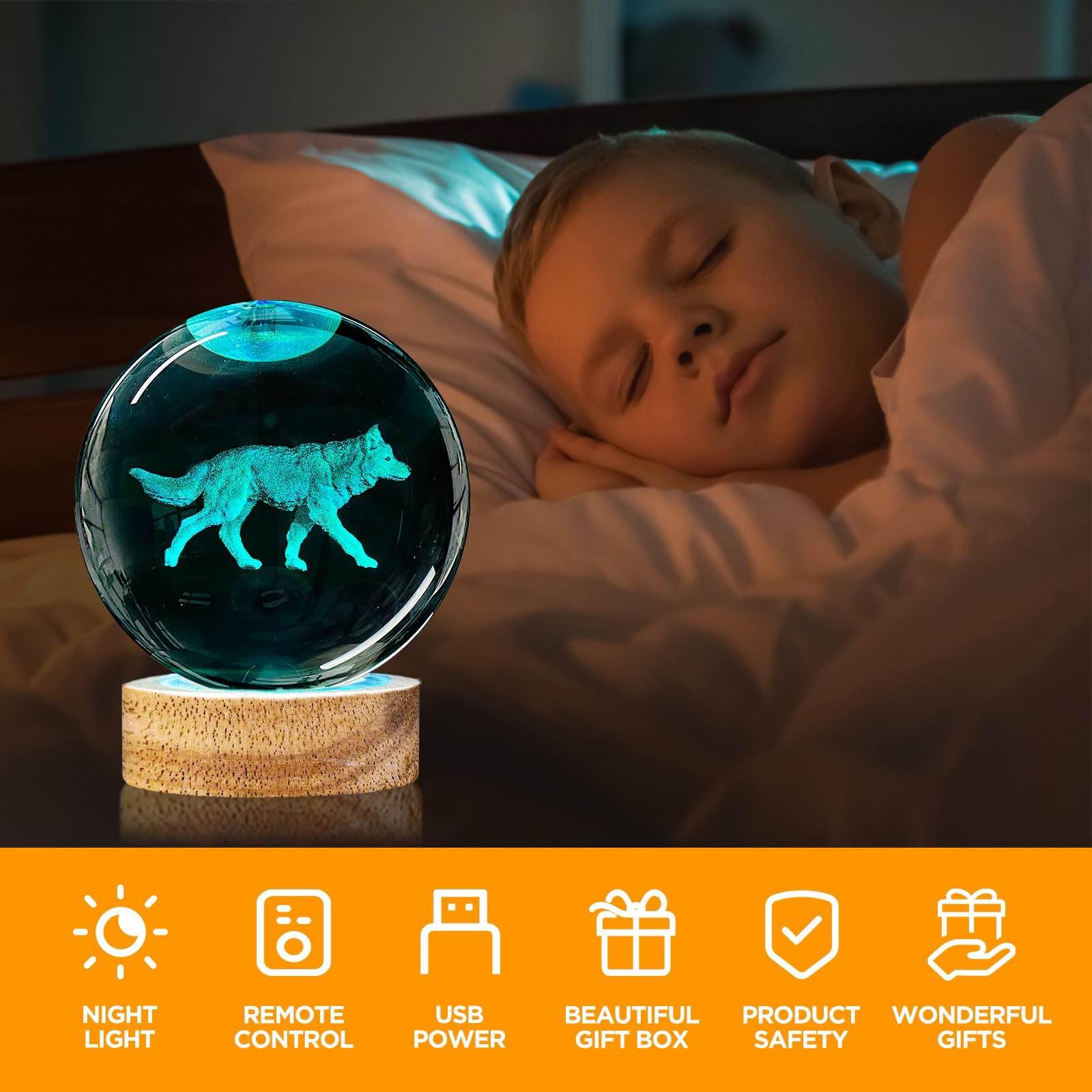 Oriamde 3D Wolf Crystal Ball Night Light 3.15 Inch Wolf Figurine Glass Ball Lamp With 16 Color Changing Wooden Base Wolf Home De
