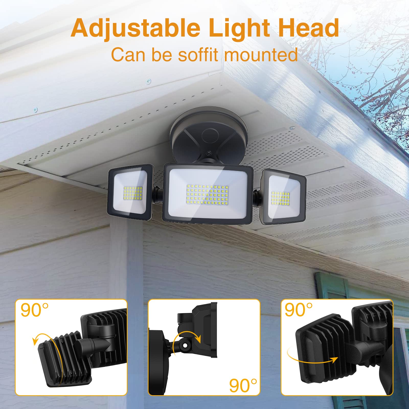 Onforu 60W Outdoor Flood Lights, 6000LM Bright, 3 Adjustable Heads, IP65 Waterproof, Black, Model BDB60-3