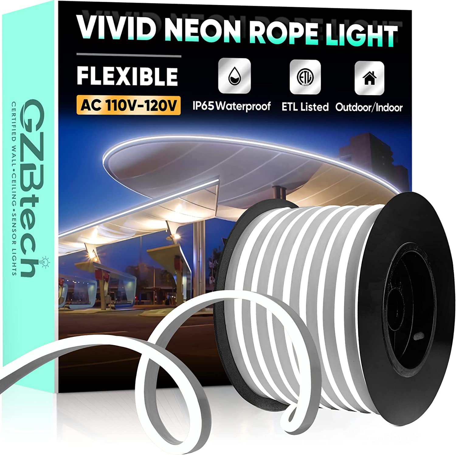 Gzbtech Flexible Led Neon Rope Lights 66Ft Ac 110-120V Waterproof Strip Light  120 Leds/M Cuttable Connectable Neon Lighting For Indoor Outdoor Home Decor/Commercial Building Use-Cold White 20M
