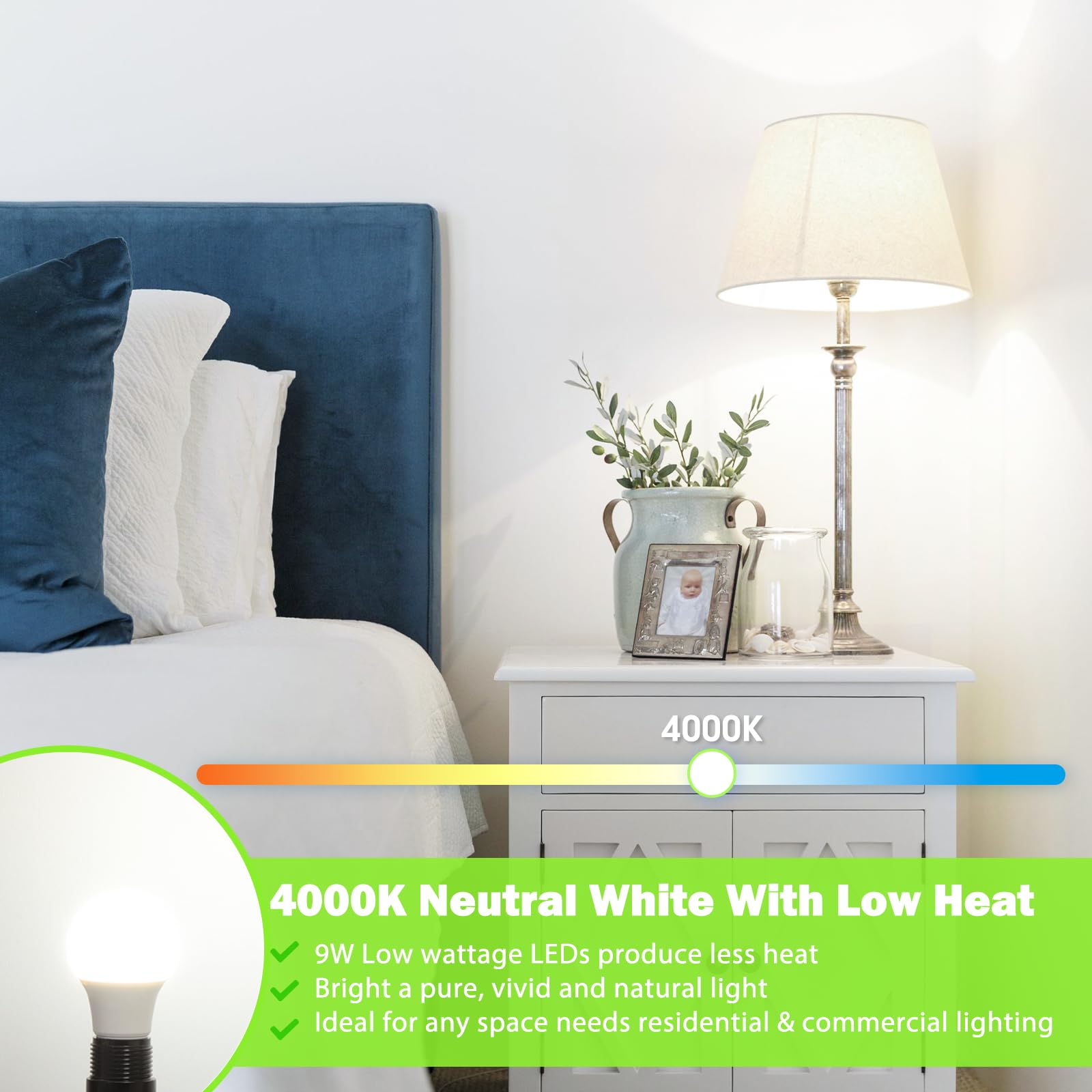 Maylaywood A19 Led Light Bulb, 60 Watt Equivalent Led Bulbs, 4000K Neutral White, 900Lm, E26 Base, Dimmable, 9W Bright White, 4-Pack