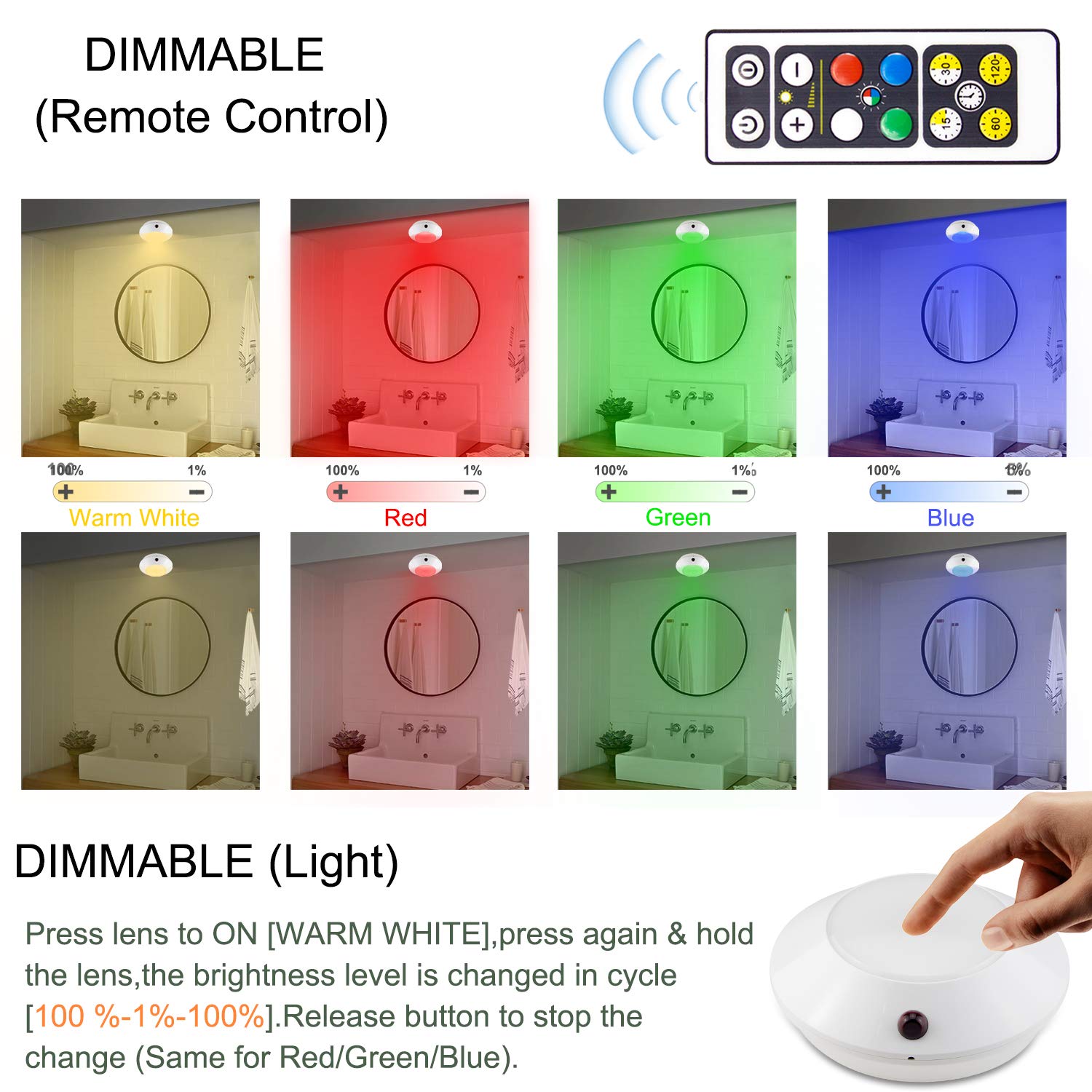 Biglight Color Changing Ceiling Light Battery Operated, Dimmable Shower Light With Timer, Wireless Puck Light Indoor For Entranc