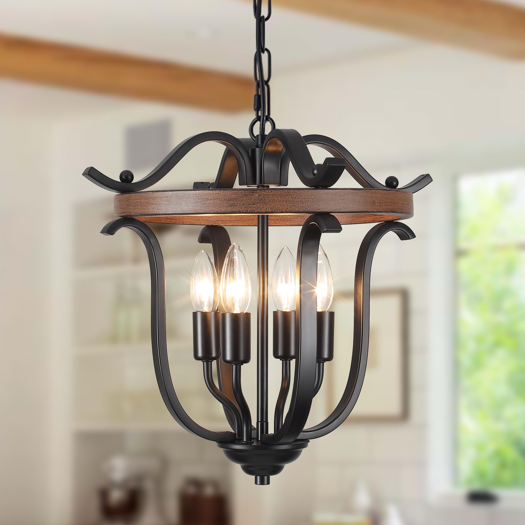 Yidelloc Black Farmhouse Chandelier 4 Lights  Vintage Cage Chandeliers E12 Base Ceiling Light Fixtures Semi Flush Mount Lantern Pendant Light for Dining Room Entryway Hallway Foyer Kitchen
