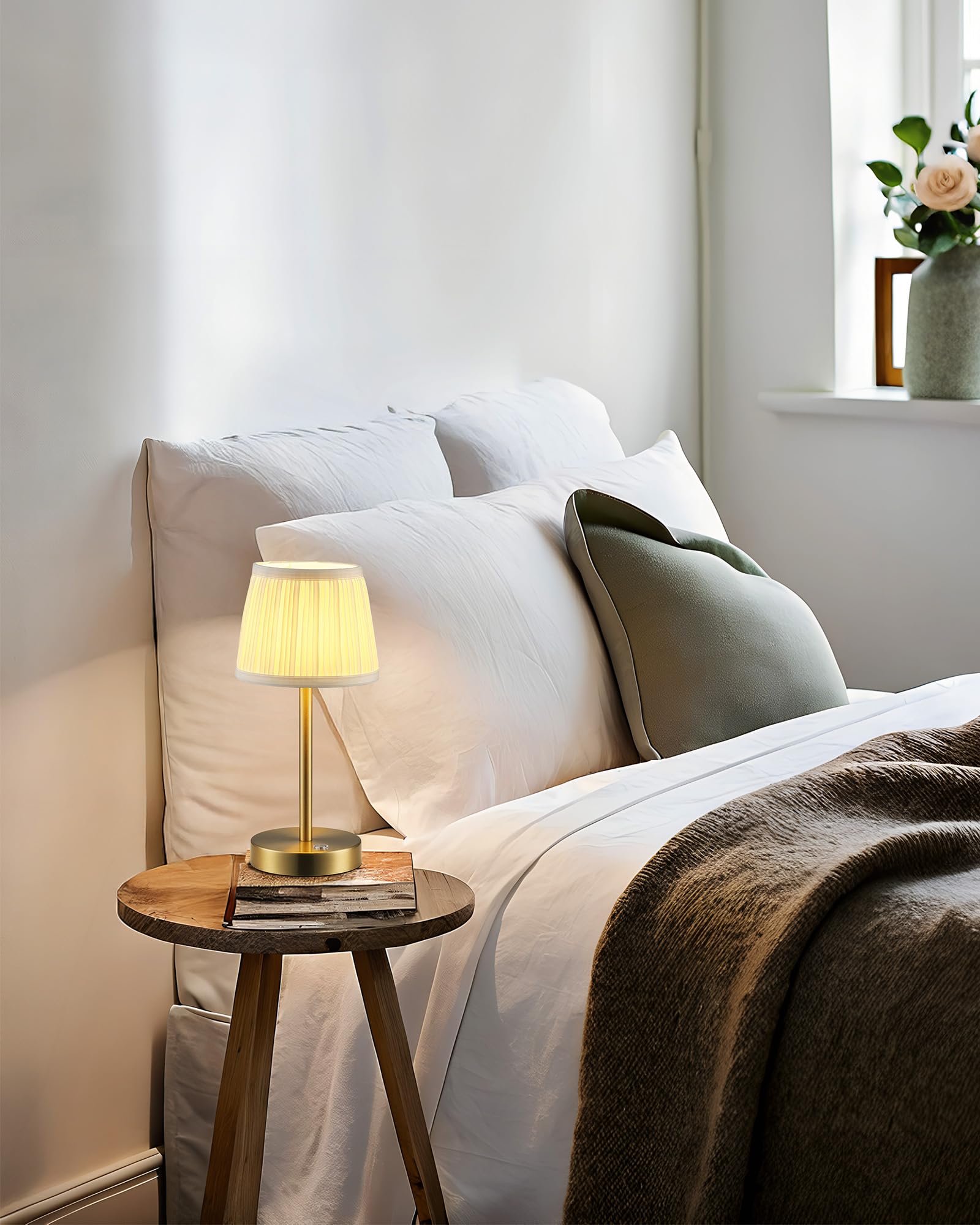 Pusu Cordless Led Gold Table Lamp  Rechargeable 4000Mah 3 Way Dimmable Bedside Small Lamp With Fabric Shade  Lighting For Bedroom  Kids Room  Bathroom  Kitchen  Home Decor  Gift  Night Light