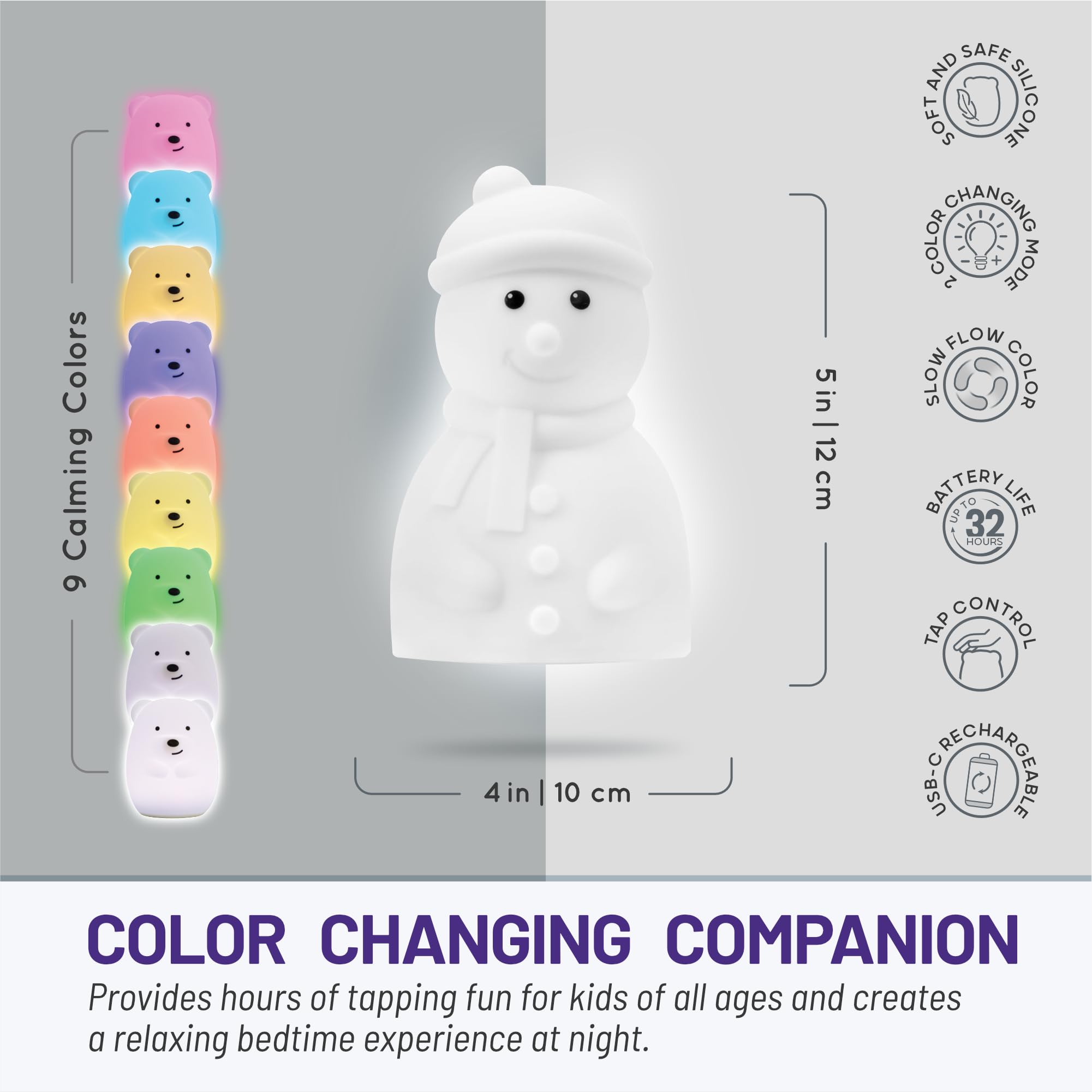 Lumipets Animal Night Light - Silicone Kids Lamp, Junior Snowman Model, Kawaii Design for Nursery, Soft and Squishy for Baby and Toddler