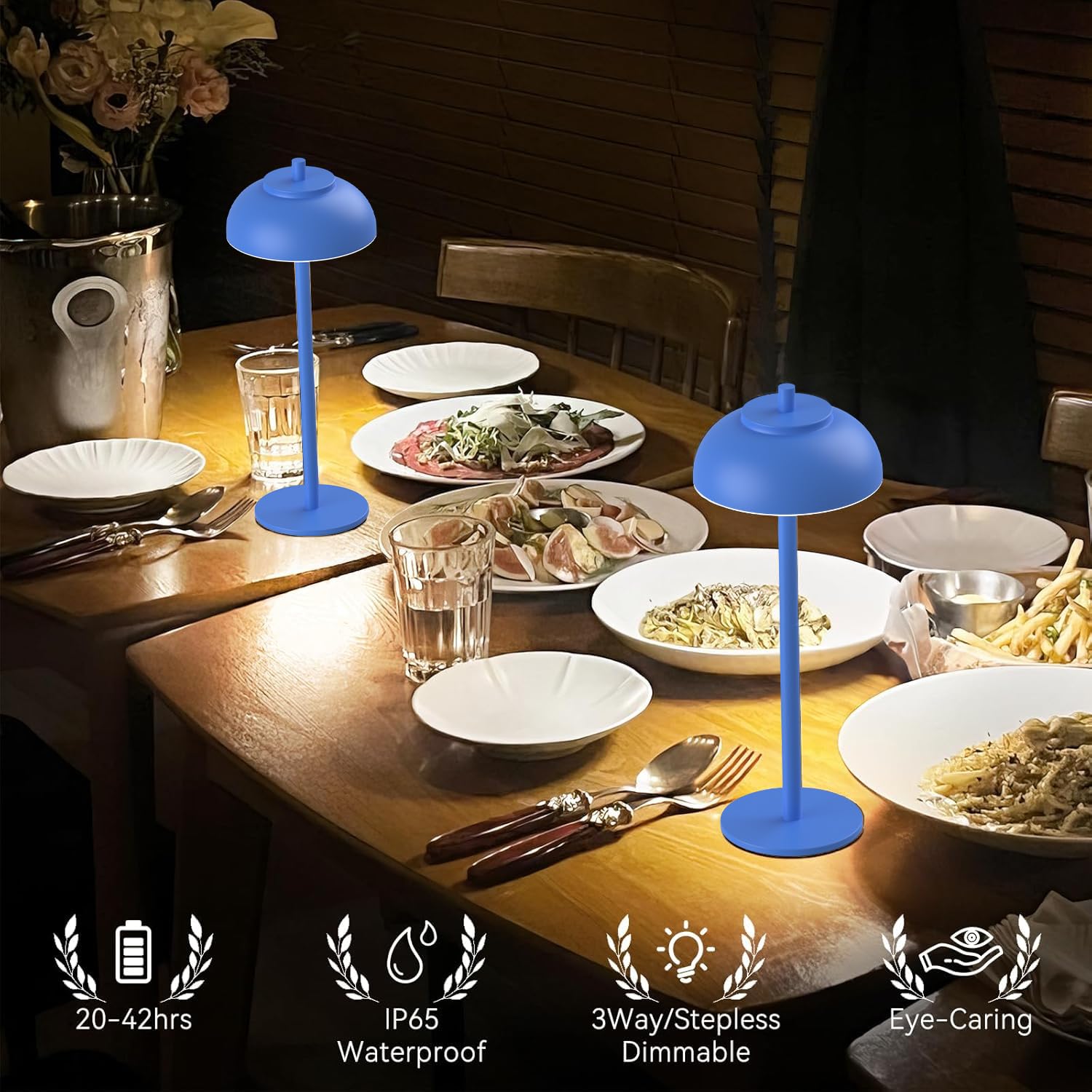 Moragin Blue Table Lamp Set Of 2 Rechargeable Table Lights Battery Operated-Ip65 Waterproof-For Outdoor Patio/Restaurants/Home/Dinner/Table Lighting-Touch Control & Dimmable